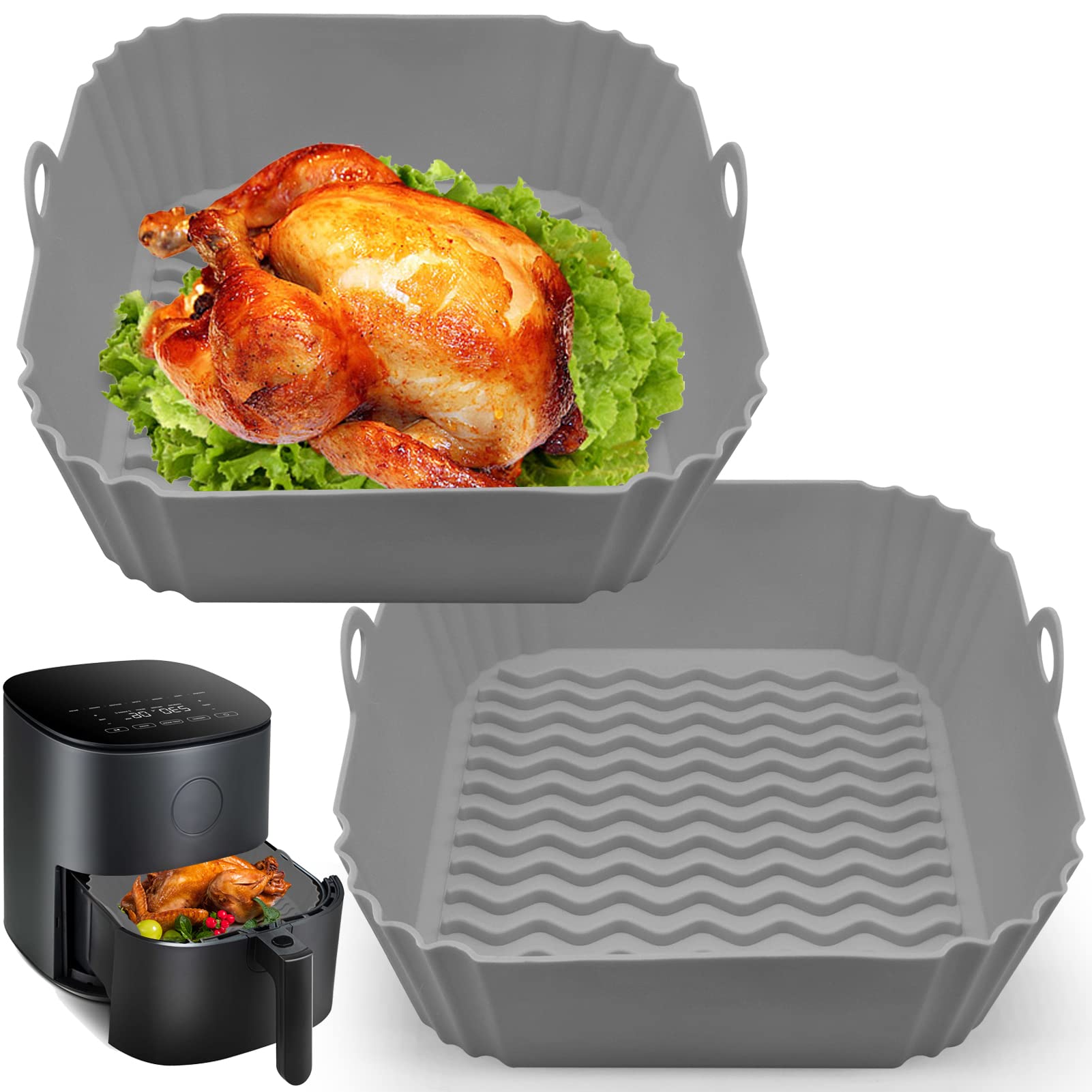2 Pcs Square Air Fryer Silicone Liners, 8 Inch Food Grade Reusable Heat Resistant Silicone Air Fryer Pots Inserts Baskets Bowl A