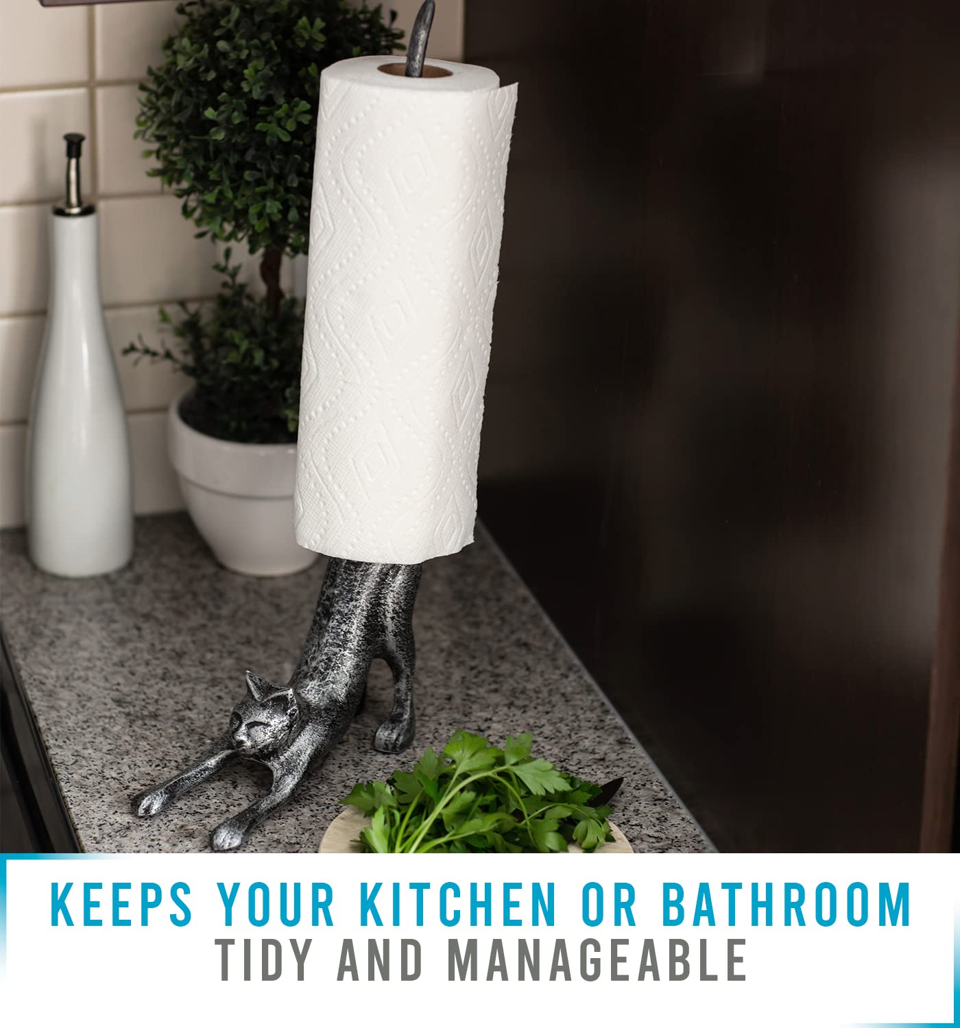 Yoga Cat Decorative Paper Towel Holder or Toilet Paper Holder by Comfify - Adorable Downward Dog Pose Kitty- Cast Iron Paper Towel Stand - Antiqued Cast Iron White Color - 19'' - Silver with Black