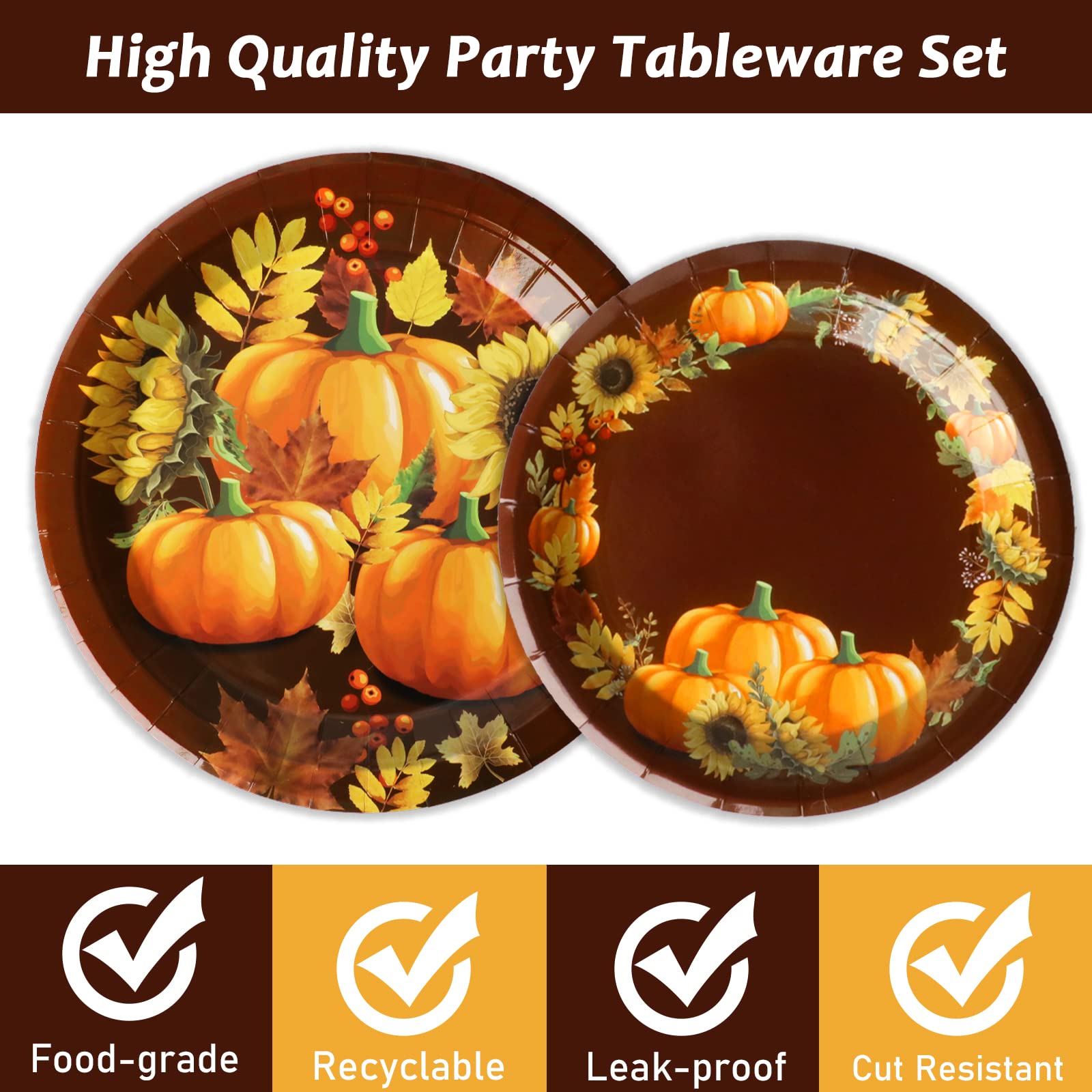 96 Pcs Fall Party Paper Plate and Napkins Supplies Thanksgiving Fall Pumpkin & Sunflower Dessert Plates Thanksgiving Disposable