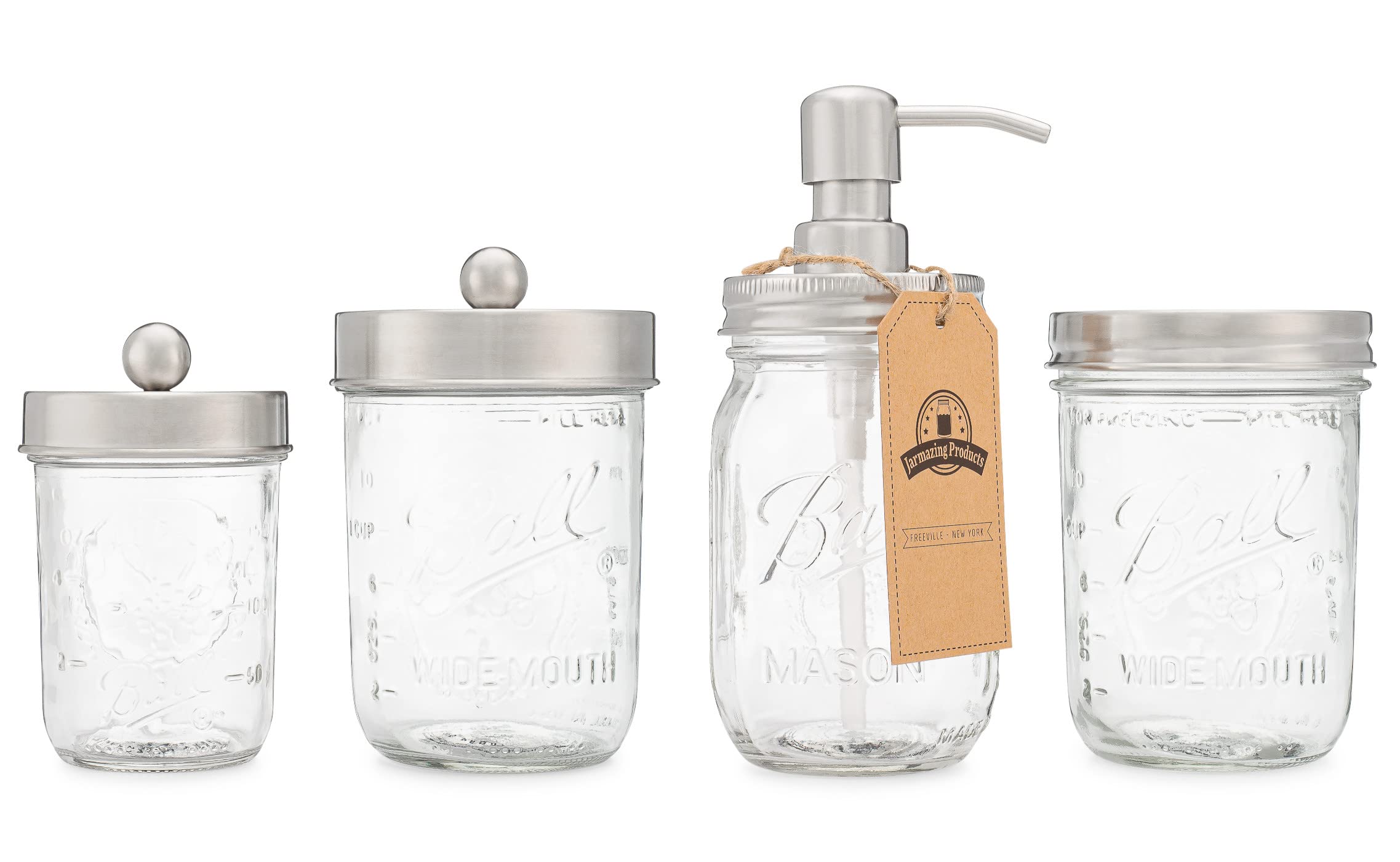 Jarmazing Products Ball Mason Jar Bathroom Gift Set (4 Pcs) - Lotion/Soap Dispenser, Toothbrush Holder, Q-Tip Storage Jars - Far