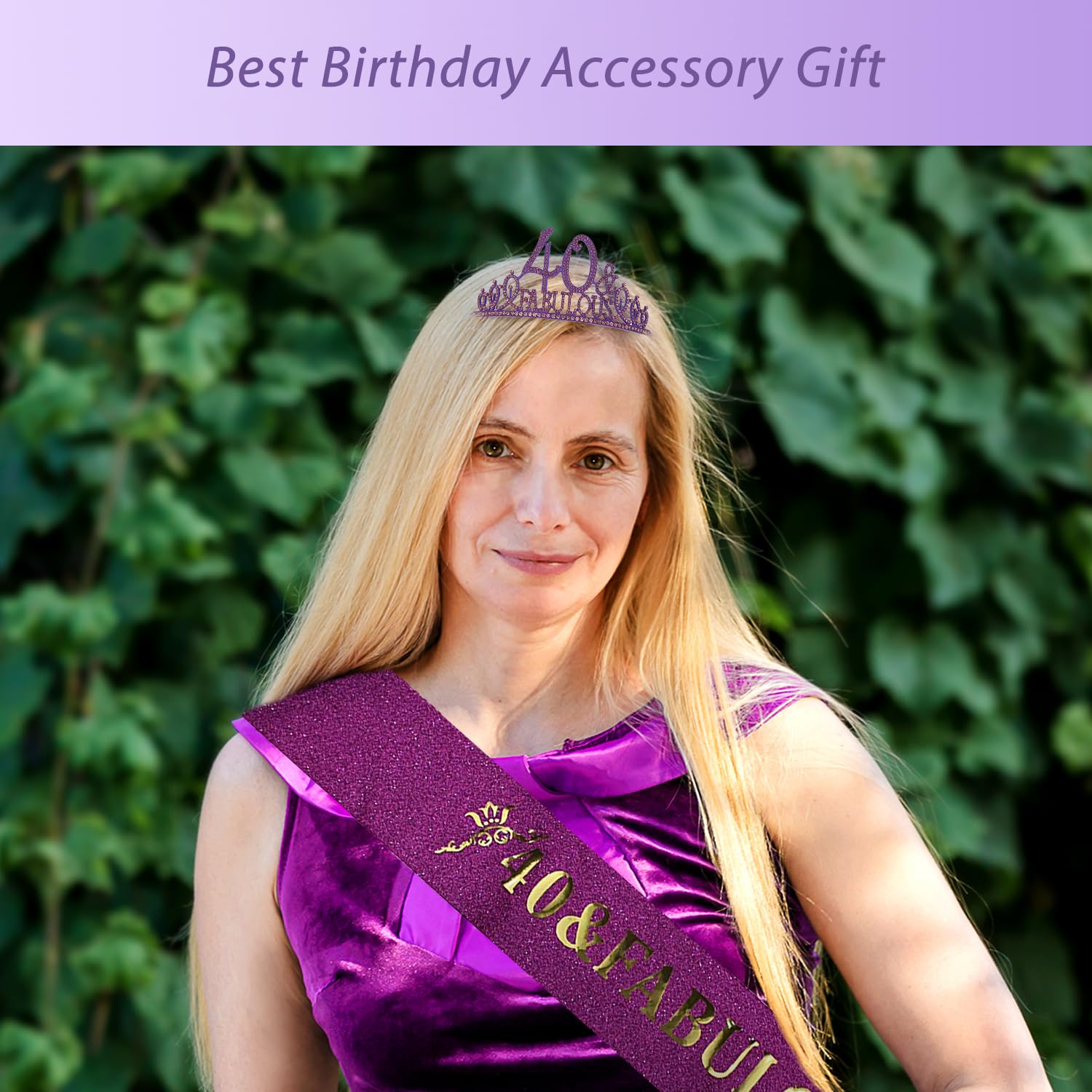40Th Birthday Sash And Tiara For Women - Fabulous Glitter Sash + Fabulous Rhinestone Purple Premium Metal Tiara For Her, 40Th Bi
