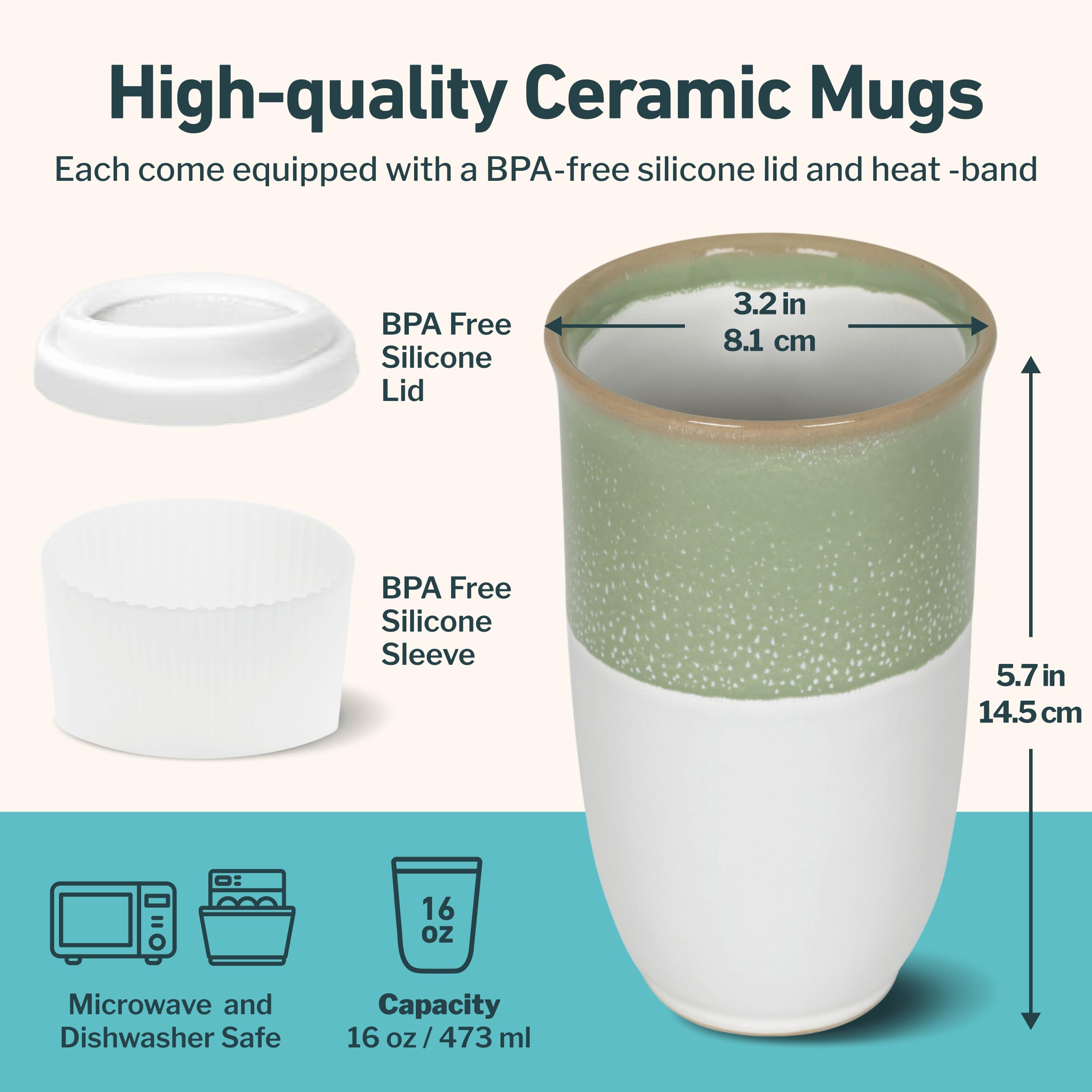 NOVA CERAMICS Travel Mug - Tea Tumbler- Microwave & Dishwasher Safe Coffee Mug Green & White Tumbler - Gifts For Women Men Him H