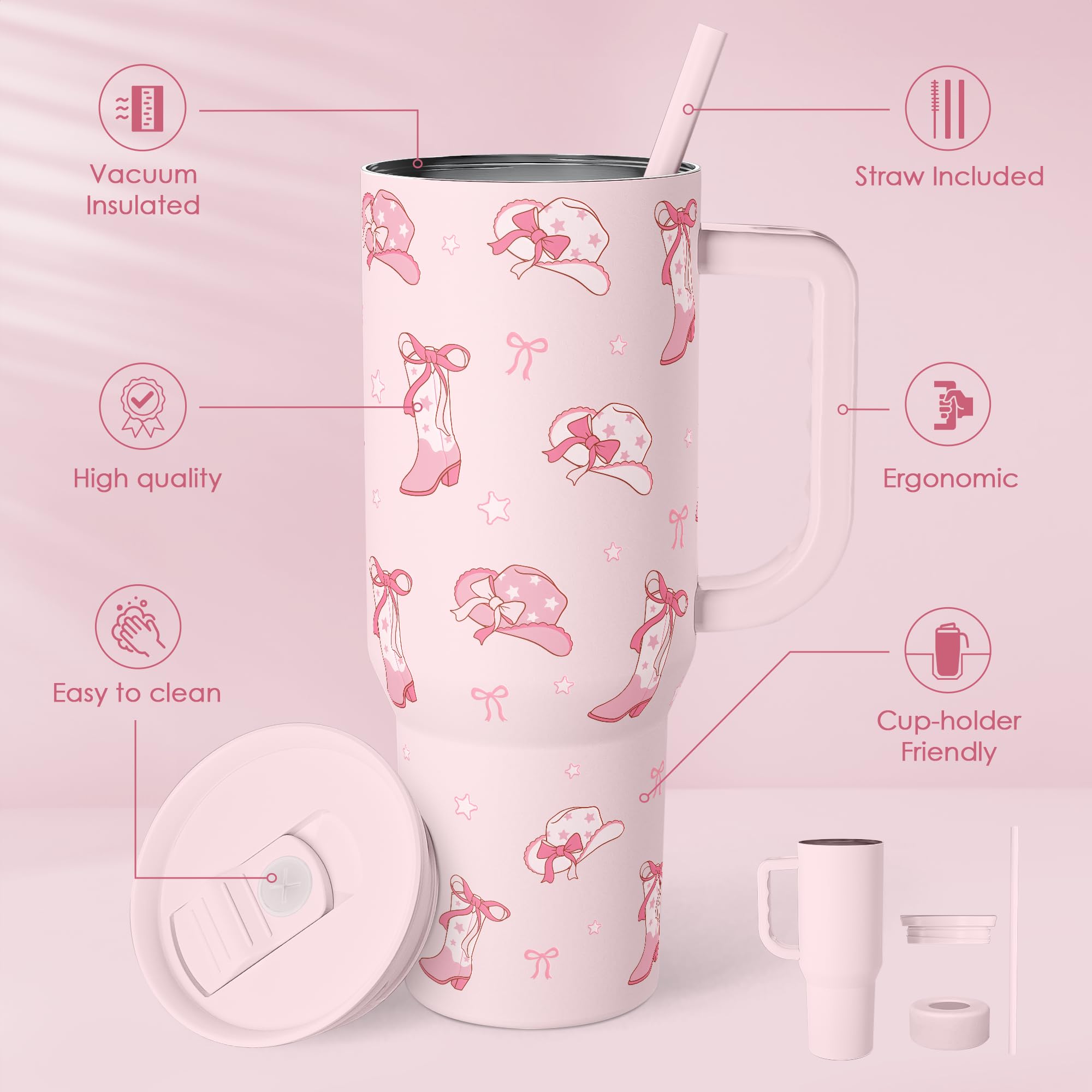 Cowgirl 40oz Slider Tumbler with Handle and Straw - Insulated Stainless Steel Travel Coffee Mug for Women Girls, Gift for Birthd