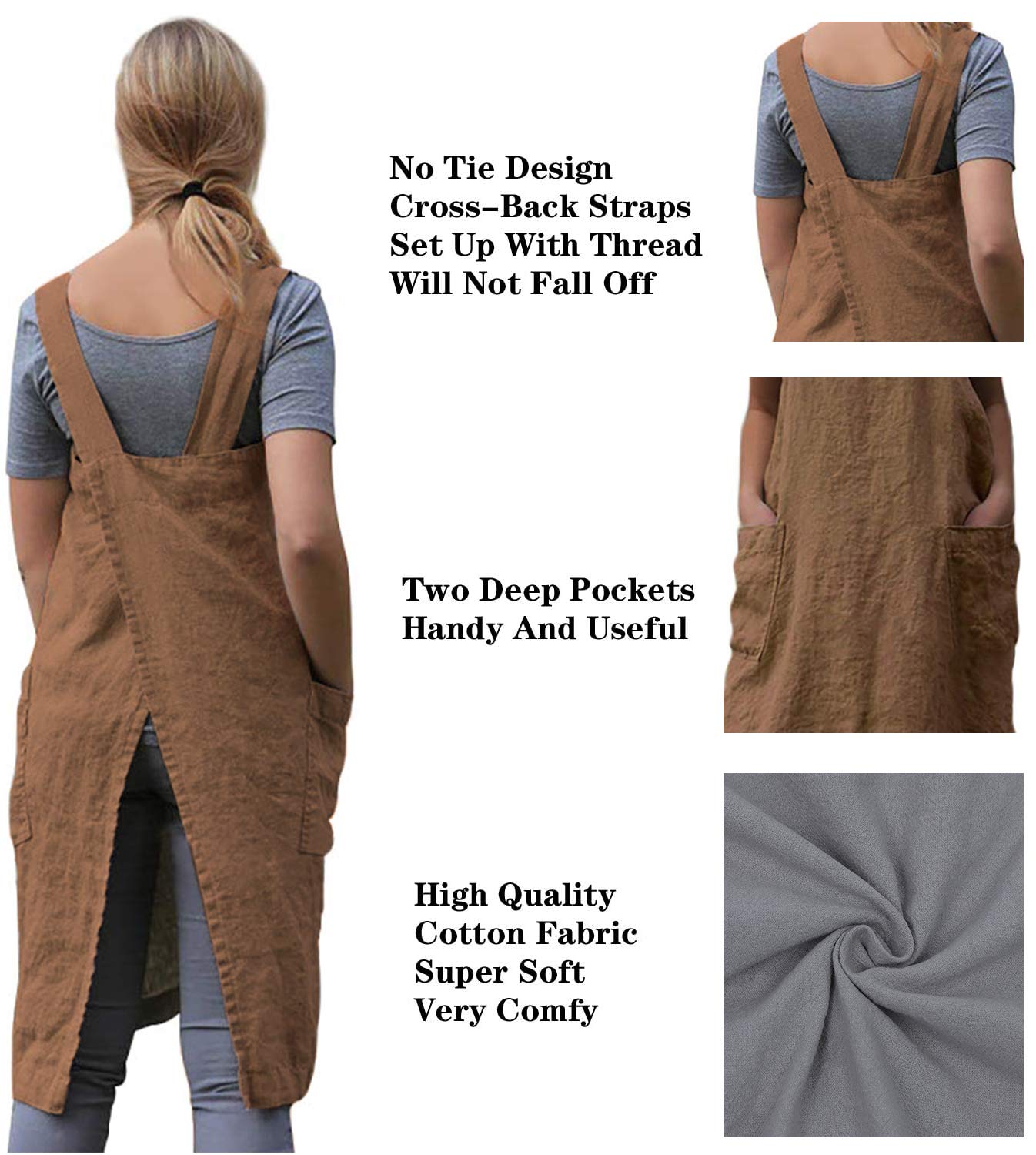 Women'S Cross Back Pinafore Apron With Large Pockets Home Kitchen, Restaurant, Coffee House,Cooking Gardening Works