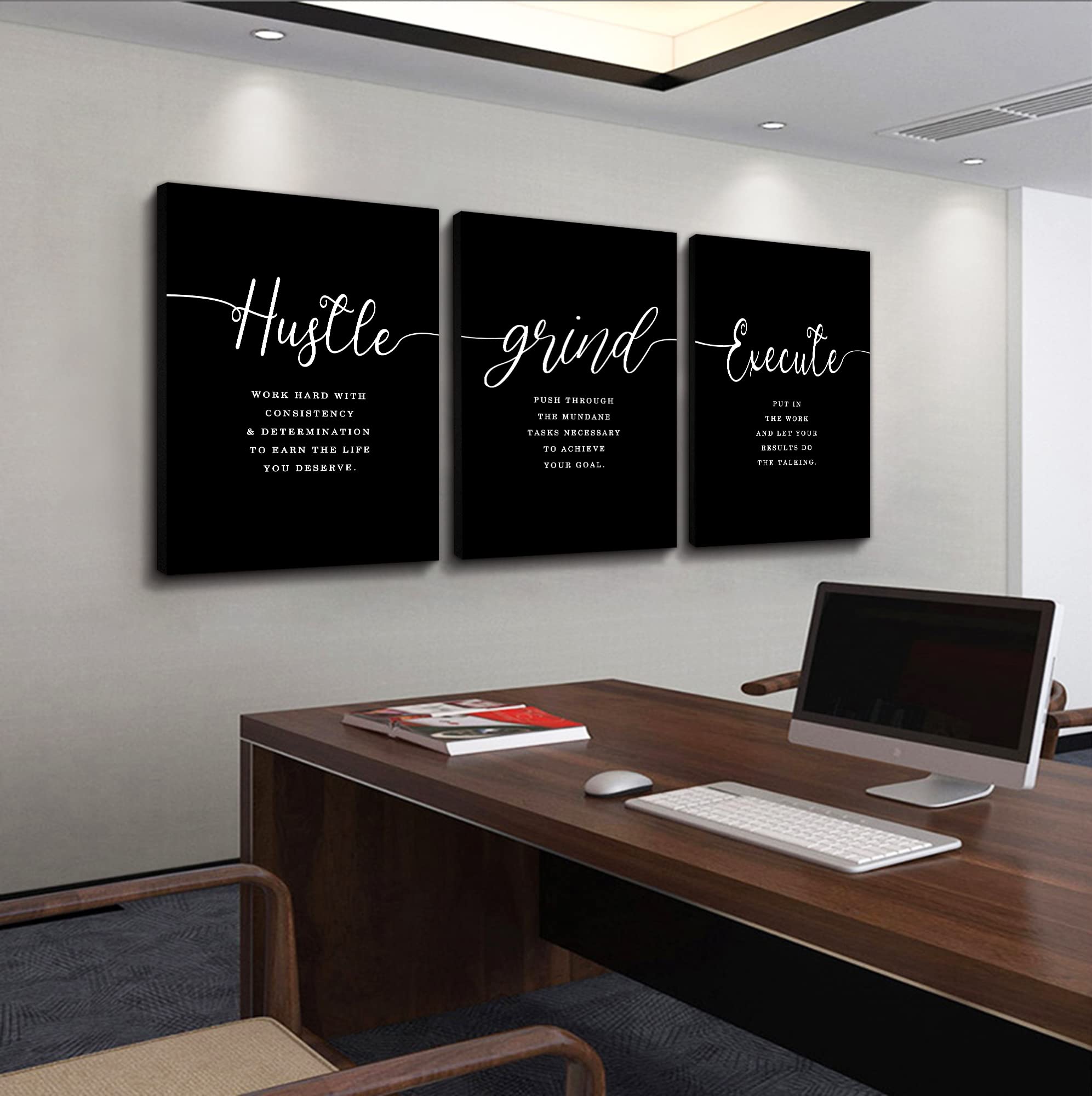 Hustle Grand Slogan Poster,Gift For Boss, Present For Father, Framed Canvas Wall Art Success Quote, Office Wall Art, Black Large