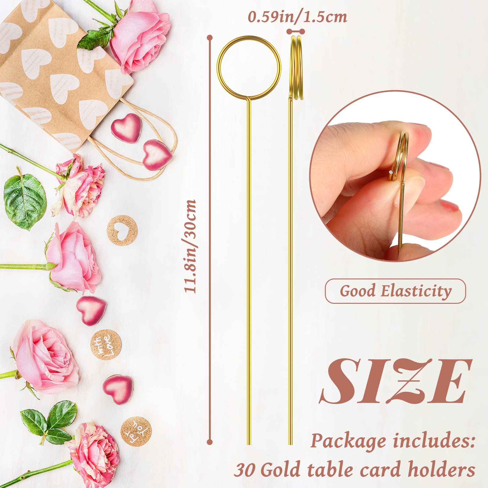 60 Pcs Metal Wire Floral Place Card Holder 11.81 Inches Round Gold Photo Clip Floral Card Holder Picks Flower Ring Loop Card Hol