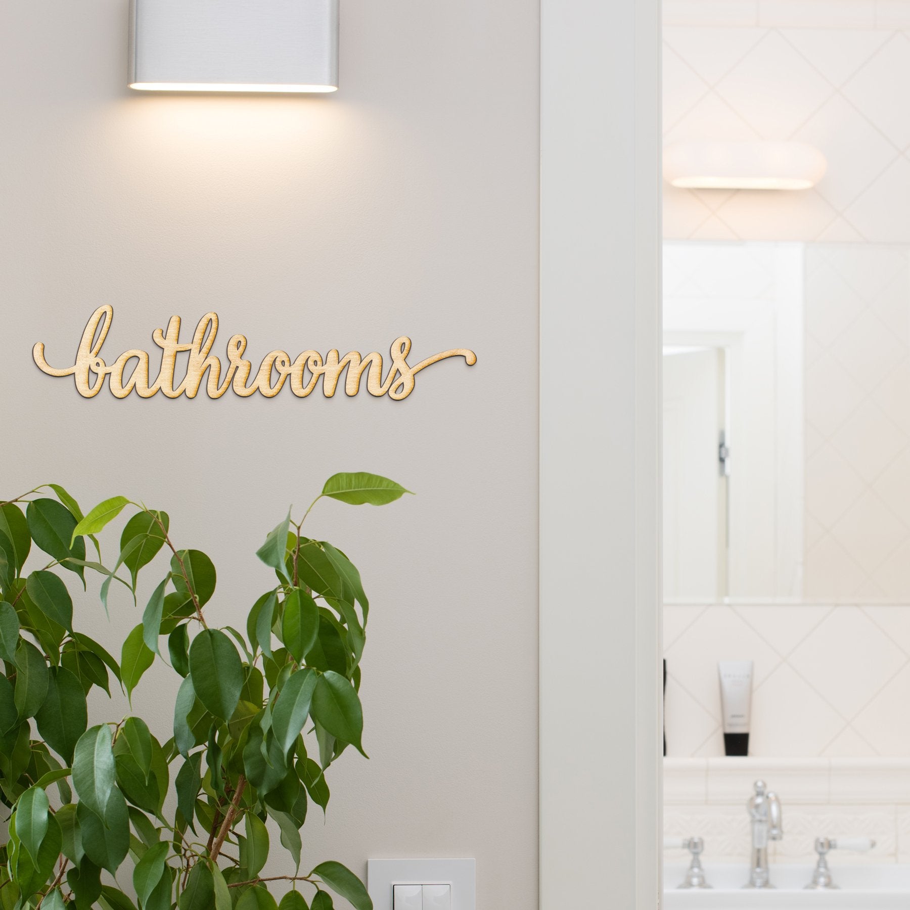 Woodums - Bathrooms Script Wooden Wall Art Decor, Unfinished Wood Sign for Family Room Decor, Charlie Script Letter Wood Cutout,