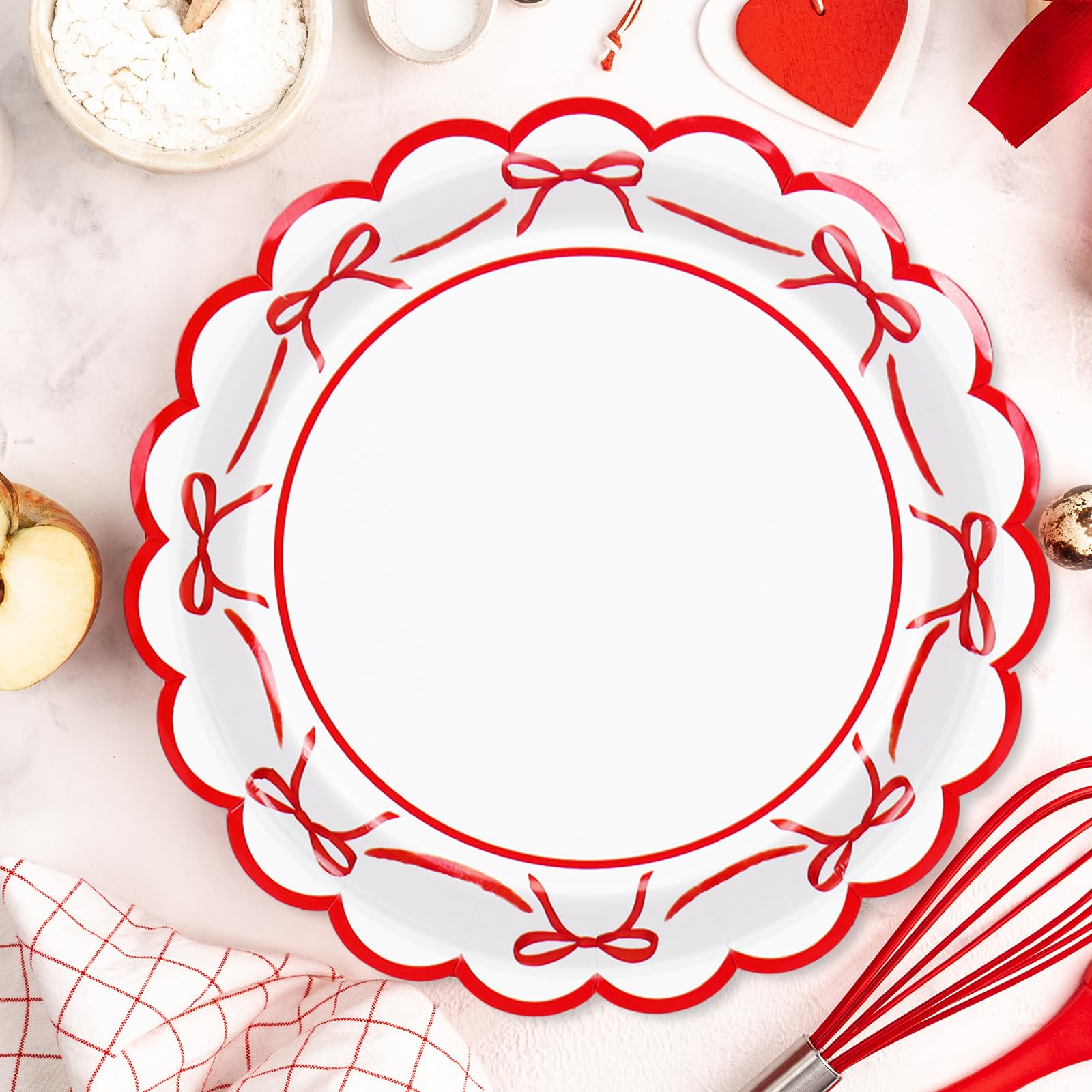 JarThenaAMCS 50 Pcs Red Bow Paper Plates Bowknot Scalloped Disposable Plate Decorative Tableware for Holiday Party Decor Supplie