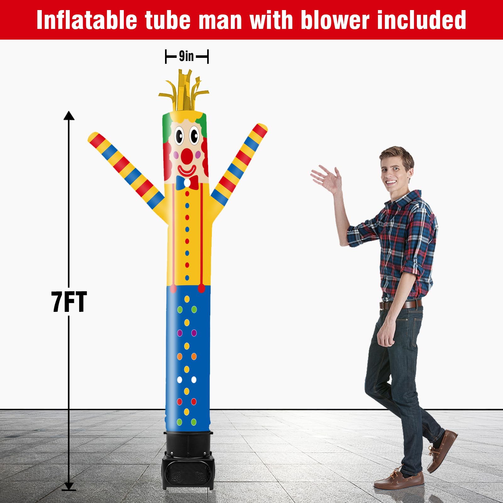 GOODENY 7FT Tall Inflatable Tube Man Clown Wacky Wavy Dancing Guy with Weather-Resistant Blower (9  Diameter) for Outdoor Decora