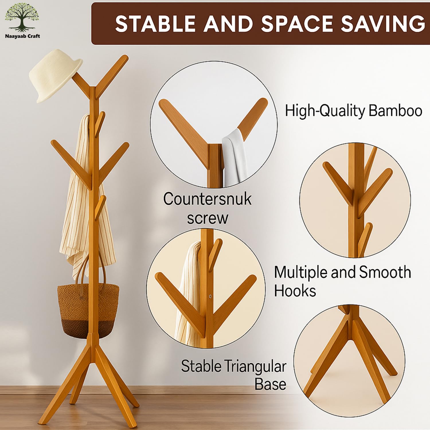 Naayaab Craft Coat Racks Coat Stand Free Standing With 8 Hooks Organize Hats Scarves, Clothes, Handbags For Entry Hallway Bedroo