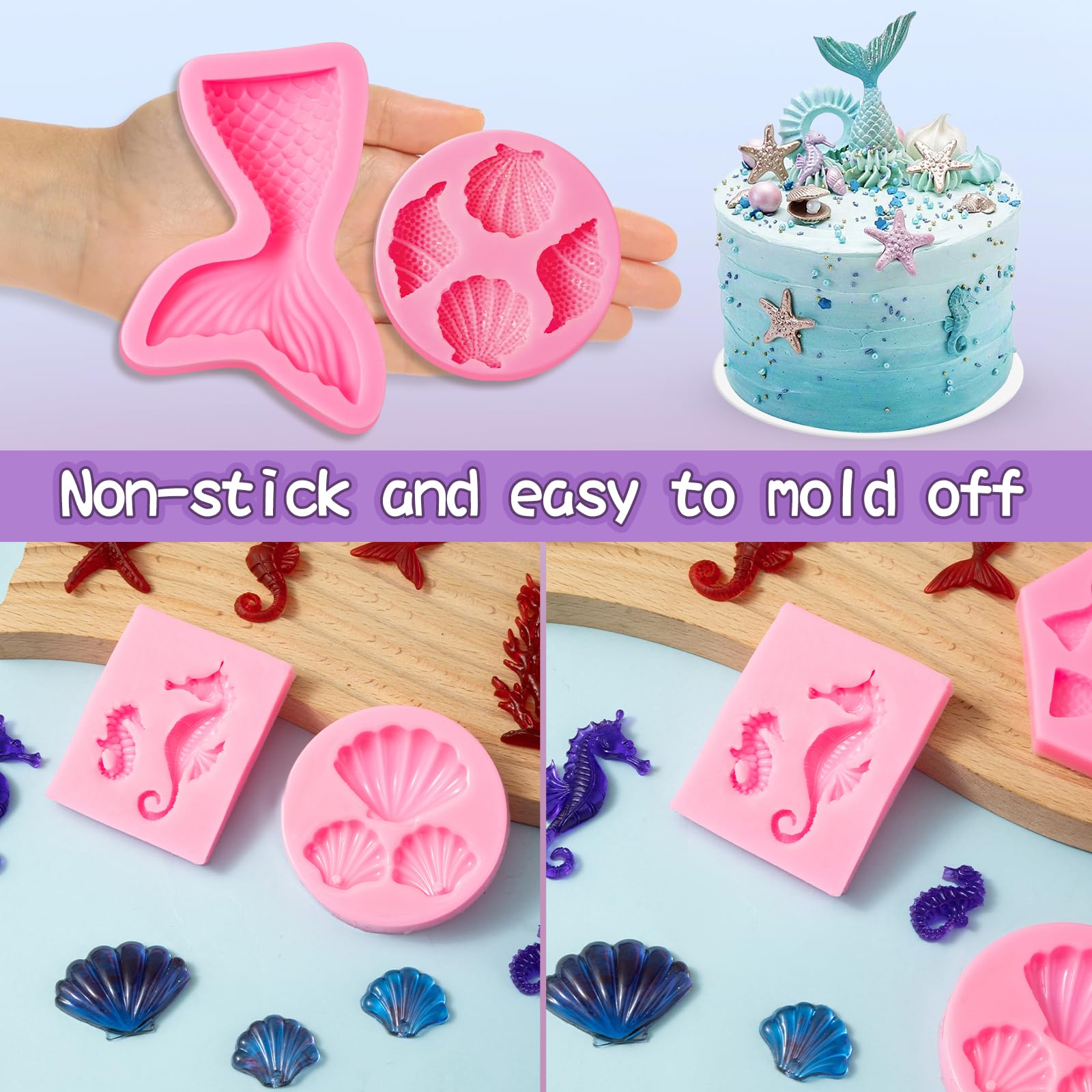 Elfkitwang Marine Theme Fondant Silicone Mold,Seashell,Conch, Mermaid Tail,Seahorse,Starfish,Coral, Diy Handmade Baking Tools Fo