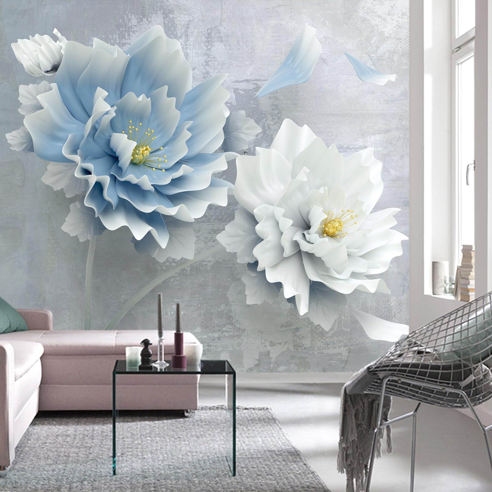 WFBHUA-Blue Floral Wallpaper Mural Modern Peony Flower Wallpaper Large 3D Art Living Room Bedroom Bathroom Wall Mural Decor (Not