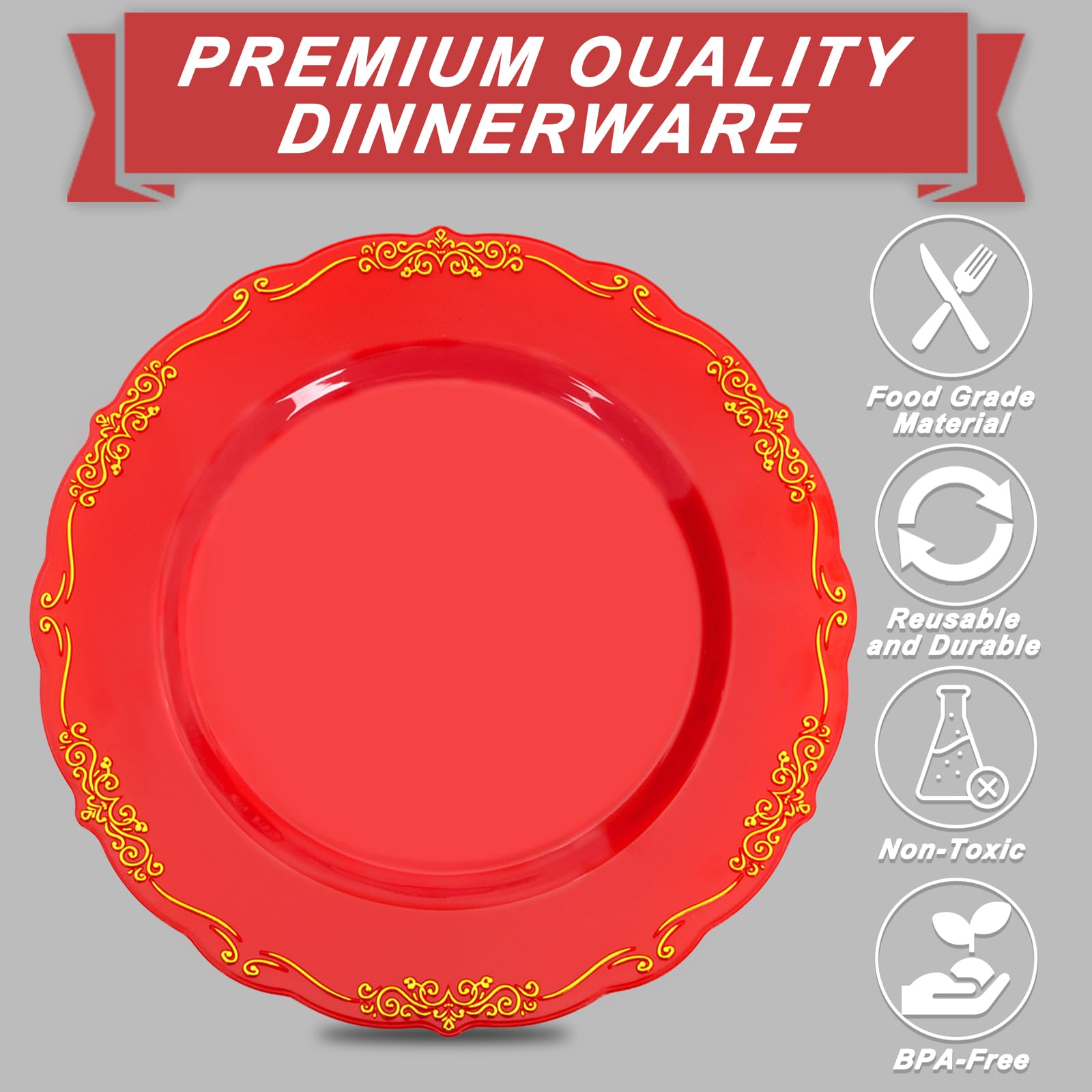 U-Qe 100Pcs Red Plastic Plates - Heavy Duty Red Valentines Plates Disposable With Gold Rim - Include 50Pcs 9Inch Red Dinner Plat
