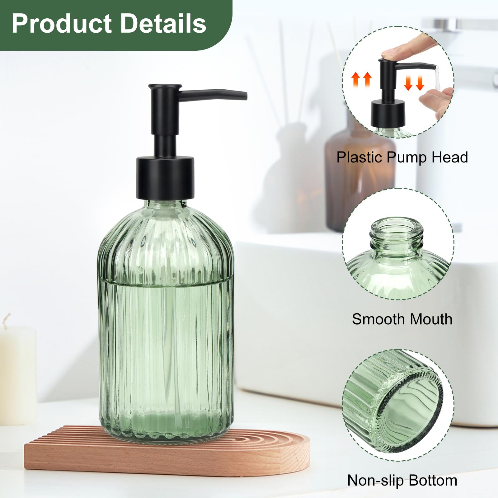 Topsky Glass Soap Dispenser With Black Plastic Pump, 400Ml Liquid Hand Soap Dispenser, Rustproof Pump For Kitchen & Bathroom, Gr