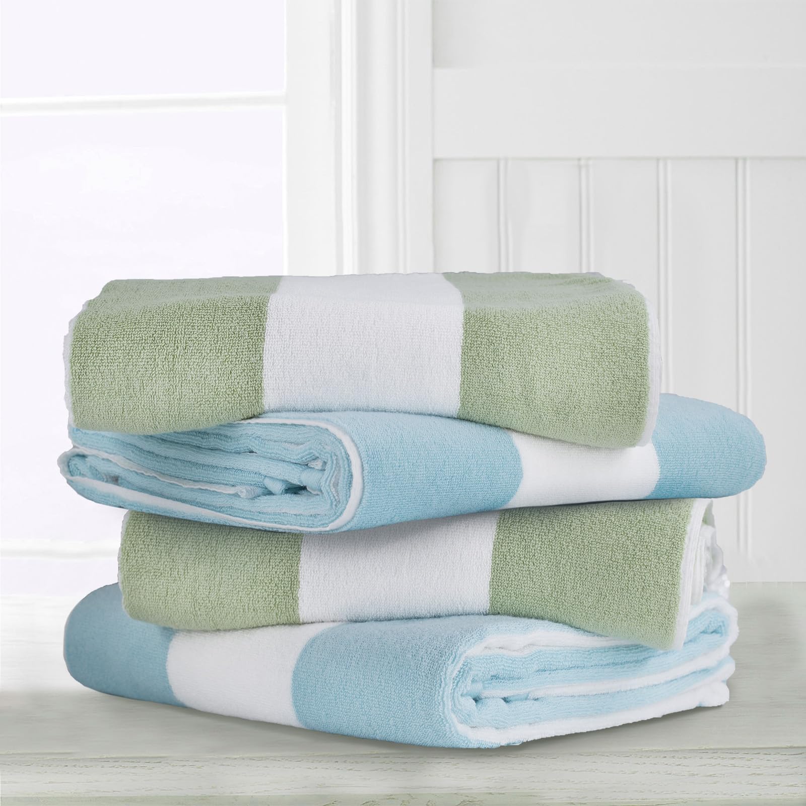 Clowood Plush Oversized Beach Towel - Cotton 40 X 72 Inch Large Thick Grass Green Striped Cabana Pool Swimming Towel