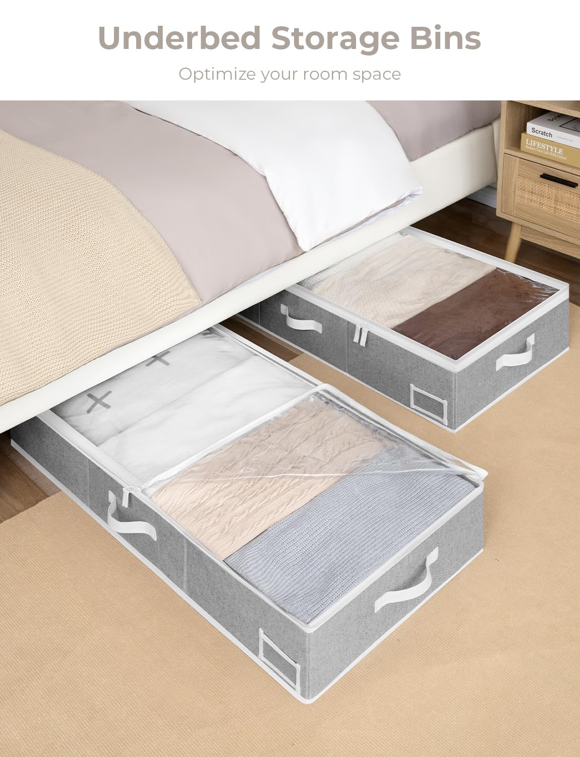 StorageWorks Underbed Storage Bins, Under Bed Storage Containers with Zippers, Closet Organizer for Clothes, Blankets, Gray, Jum