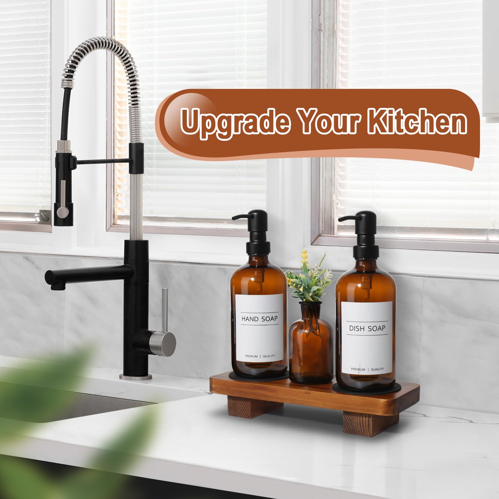 Kasunting Hand And Dish Soap Dispenser Set For Kitchen, Amber Glass Soap Dispenser With Stainless Steel Pump, Kitchen Soap Dispe