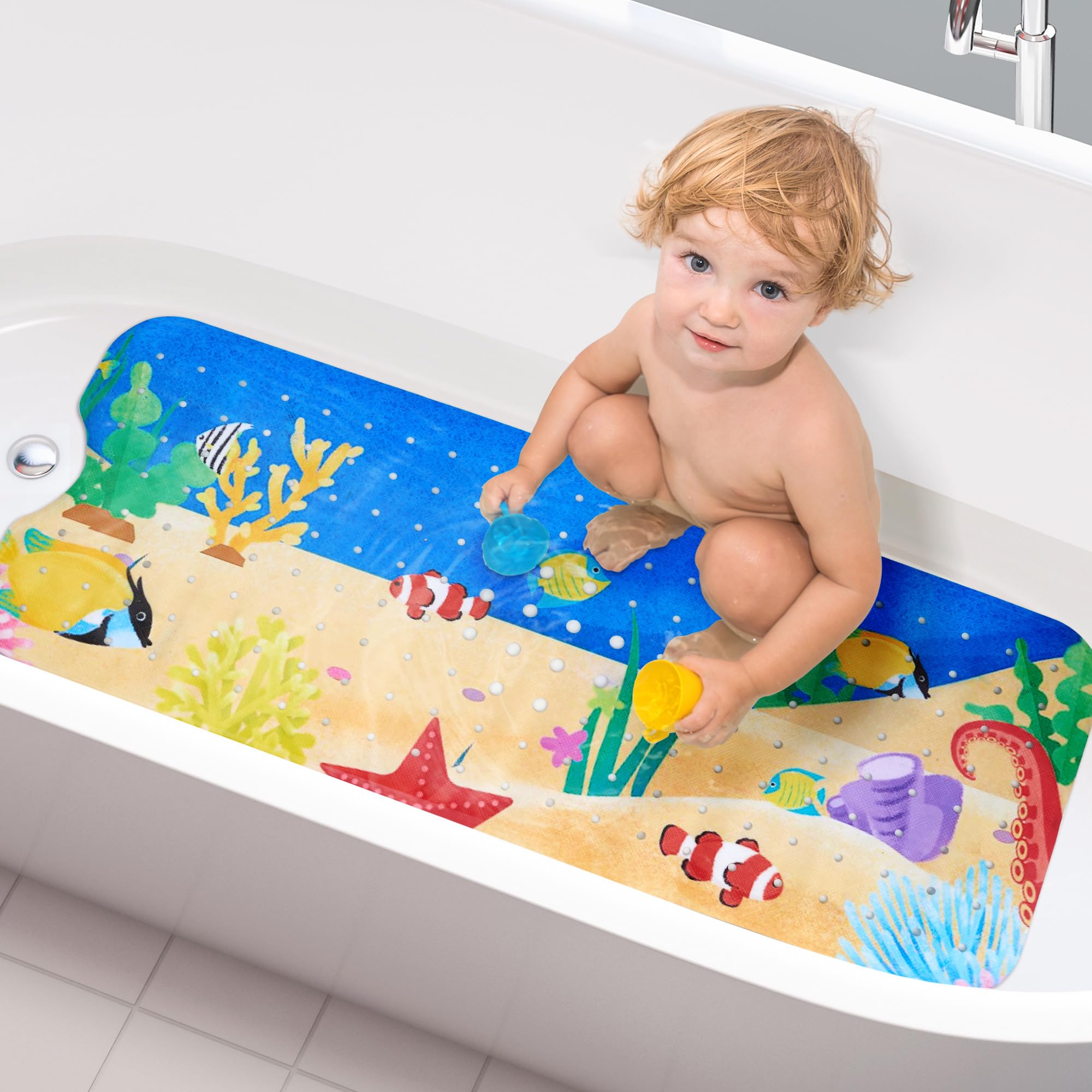 Vannokor Baby Bath Mat for Tub Non Slip Kids, 40 X 16 Inch Extra Long Bathtub Mat with Drain Holes and Suction Cups, Anti Slip S