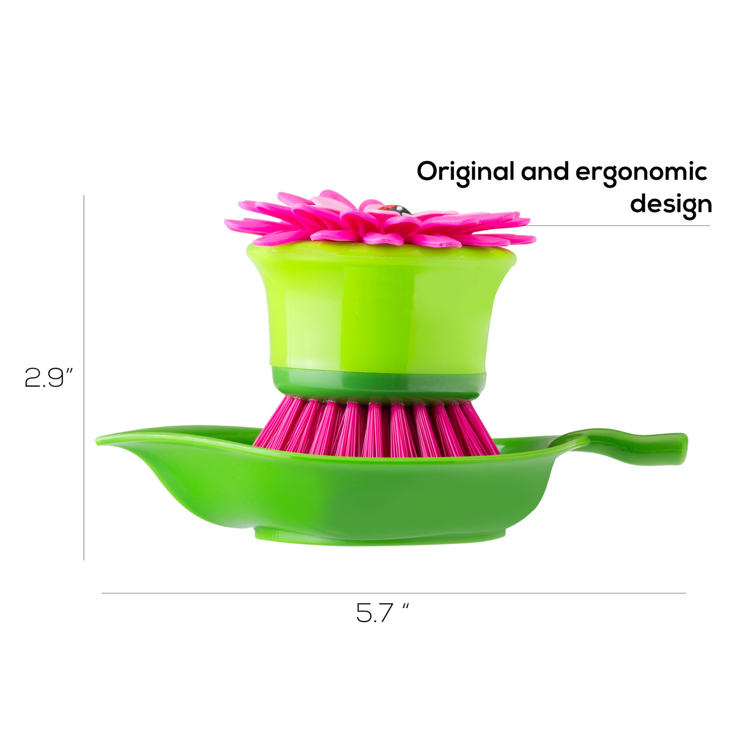 Vigar Flower Power Pink Palm Dish Brush With Holder, 5-3/4-Inches By 3-3/4-Inches, Pink, Green