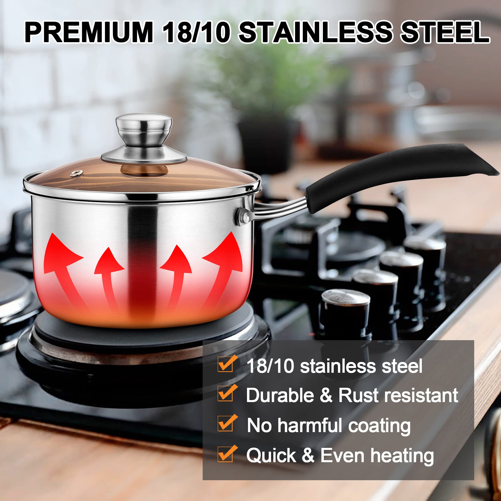 Lianyu 1Qt Saucepan With Lid, 1 Quart Stainless Steel Saucepan, Small Pot Milk Soup Pan For Home Kitchen Restaurant, Long Heatpr