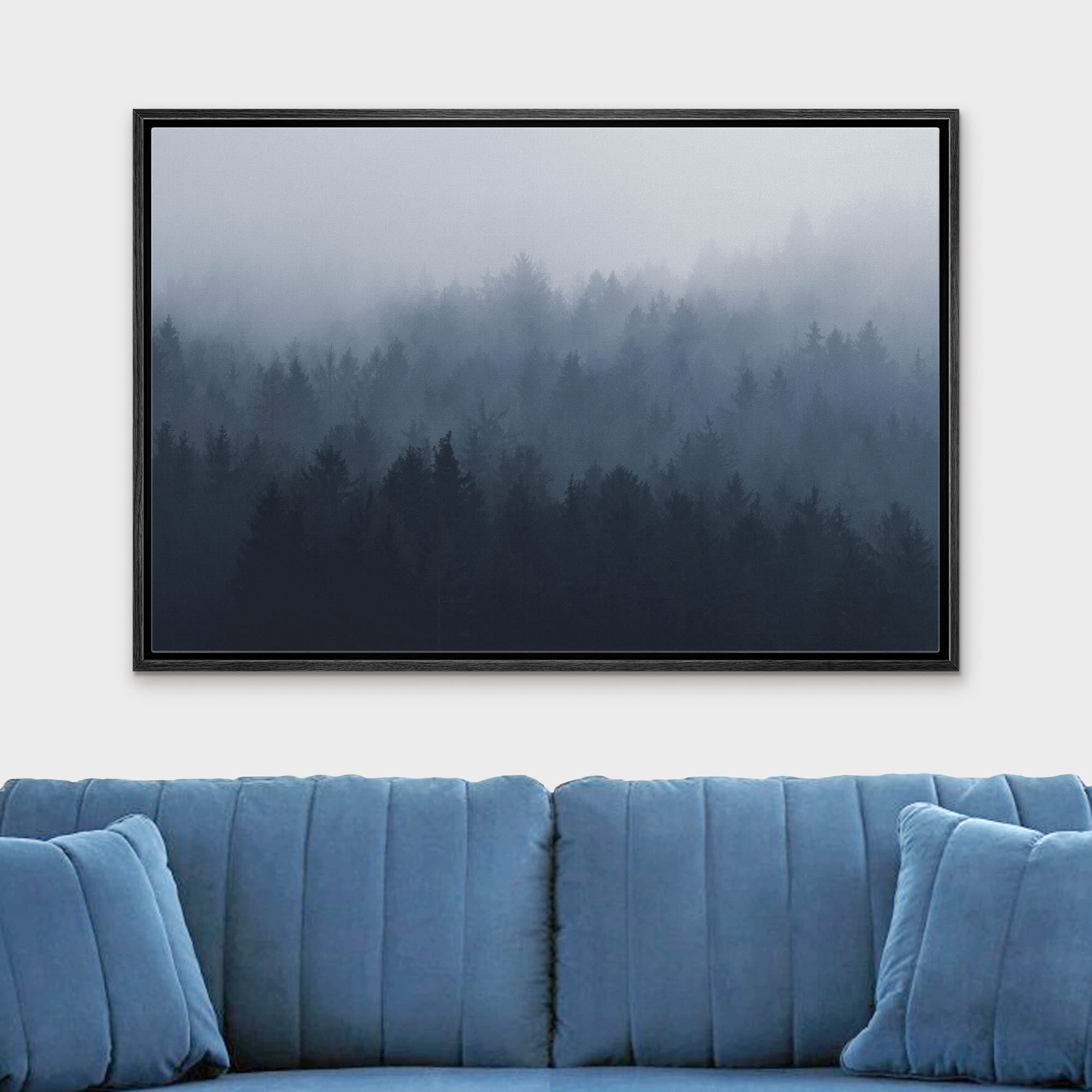 wall26 Framed Canvas Print Wall Art Aerial View of Misty Pine Tree Forest Nature Wilderness Photography Modern Art Rustic Scenic Colorful Multicolor for Living Room  Bedroom  Office - 16''x24'' Black