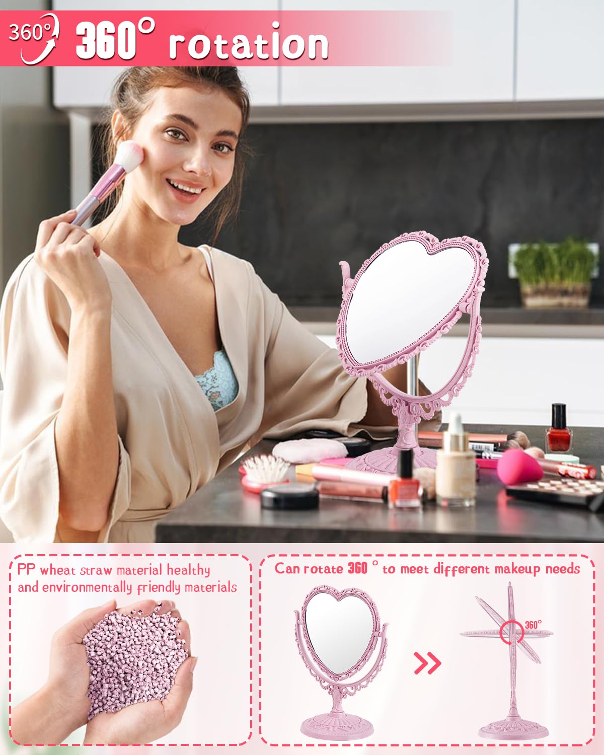 D&X 7-Inch Lovely Heart Mirror 360 Degree Rotation Double Sided Magnifying Makeup Mirror I Bathroom Bedroom Vanity Mirror I Danish Pastel Aesthetic Room Dcor(Pink  Heart-Shaped)