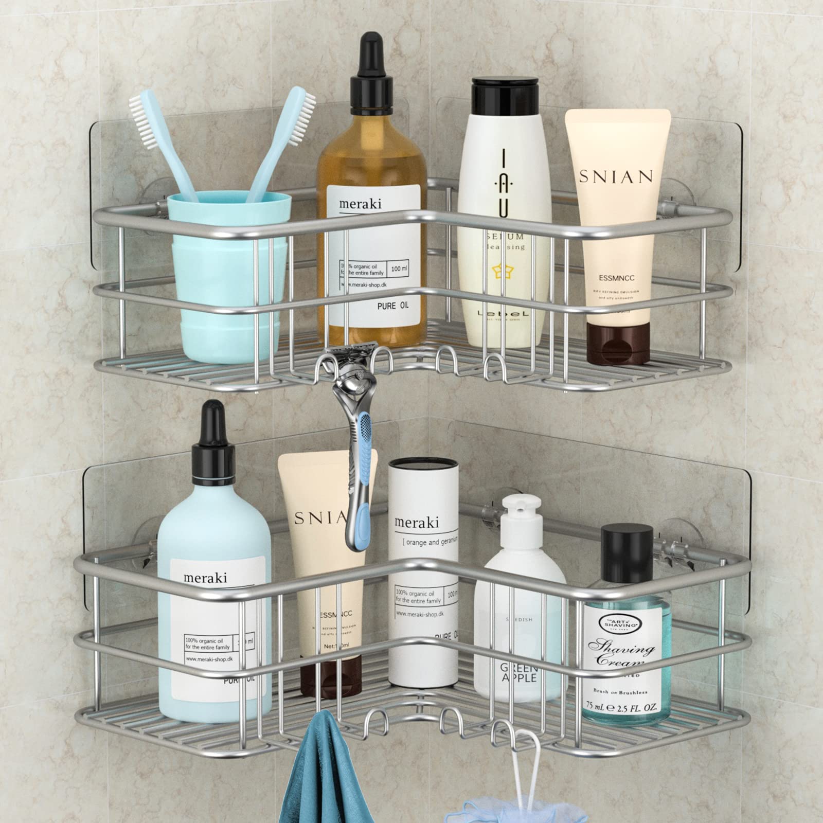 Menbyci Corner Shower Caddy, Adhesive Shower Shelf With Hooks, Stainless Steel Rustproof Bathroom Storage Organizer, No Drilling