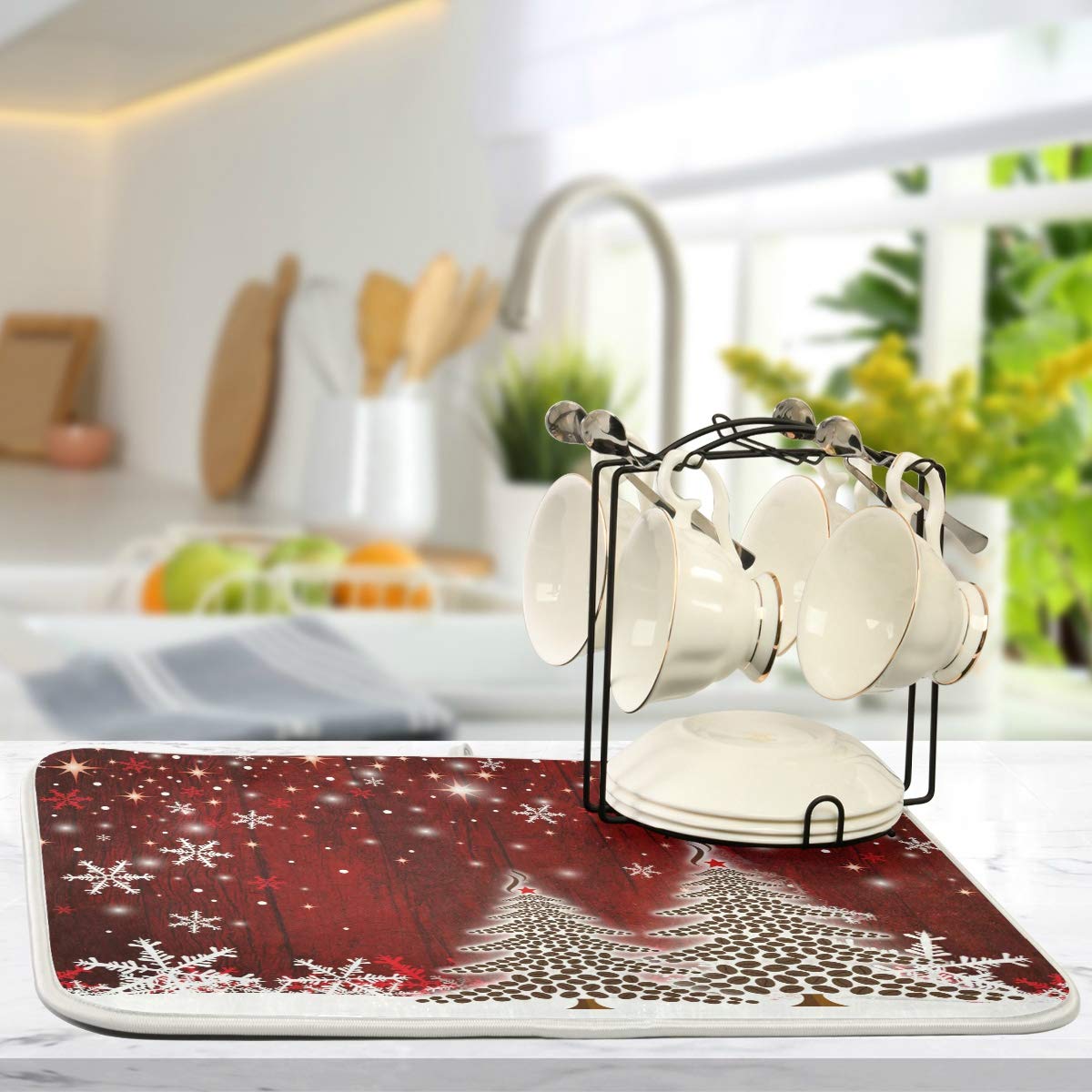 Christmas Tree Dish Drying Mat 18X24 Inch Xmas New Year Snowflake Wooden Dish Drainer Kitchen Counter Mats Bottles Dish Dry Pad