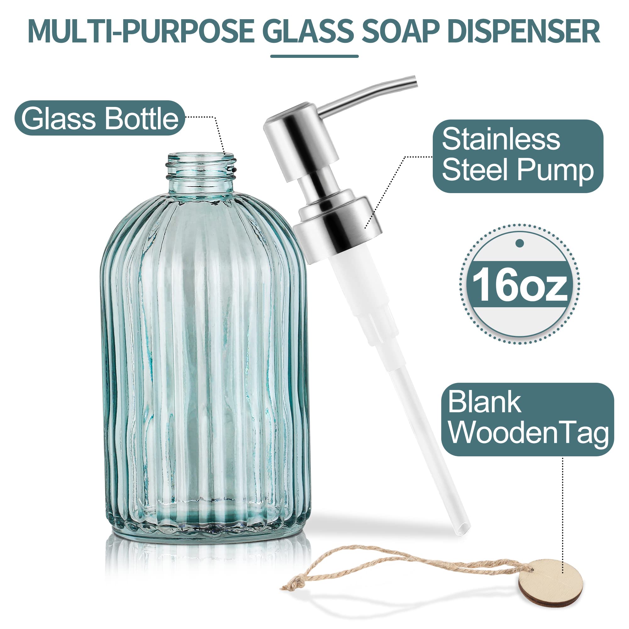 Moclif 16Oz Fashion Stripe Clear Glass Refillable Soap Dispenser With 304 Stainless Steel Pump Premium Soap Dispenser, For Kitch
