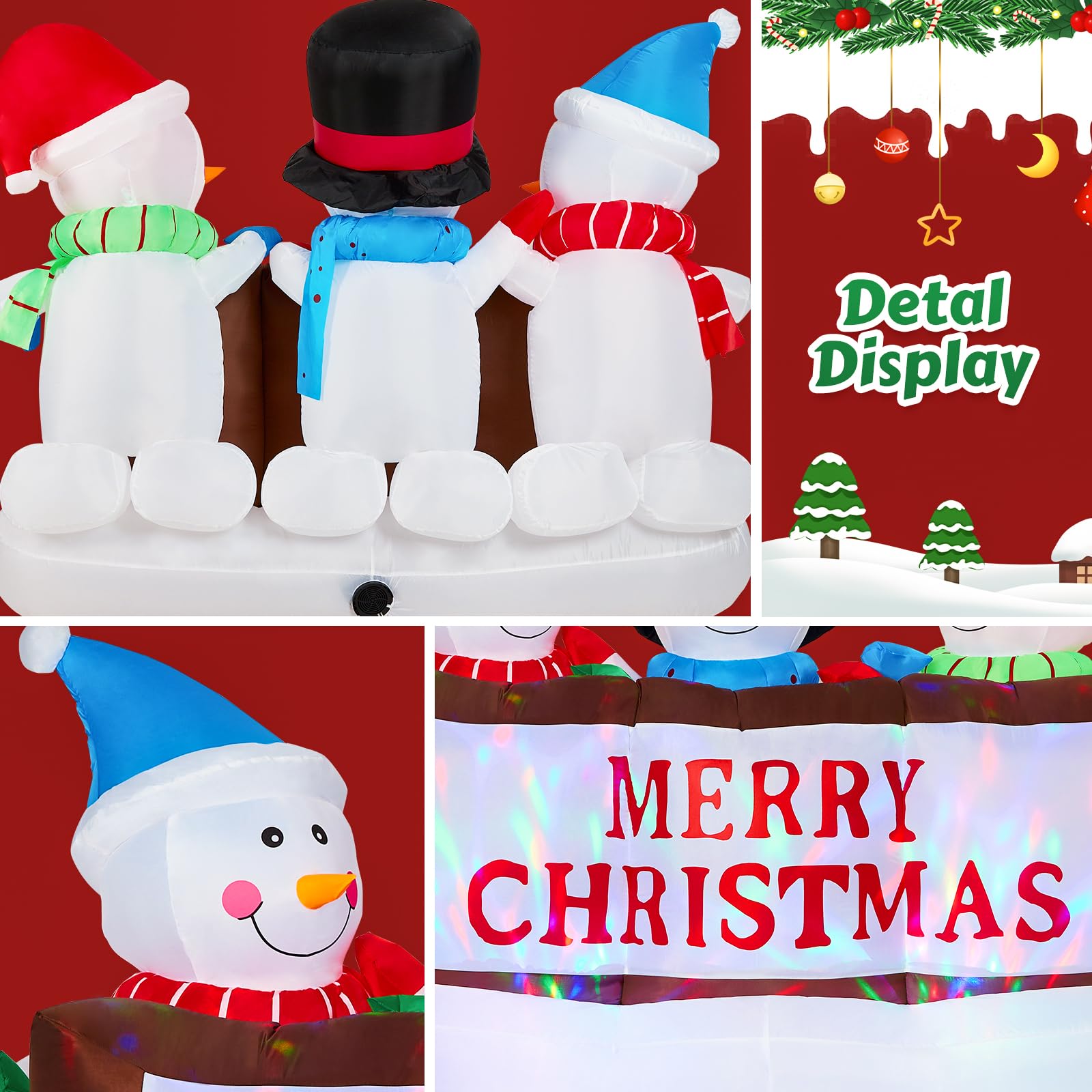 SOLLED 8 FT Christmas Inflatables Snowman with Rotating RGB Lights, 3 Blow Up Snowmen Holding Merry Christmas Sign, Outdoor Yard