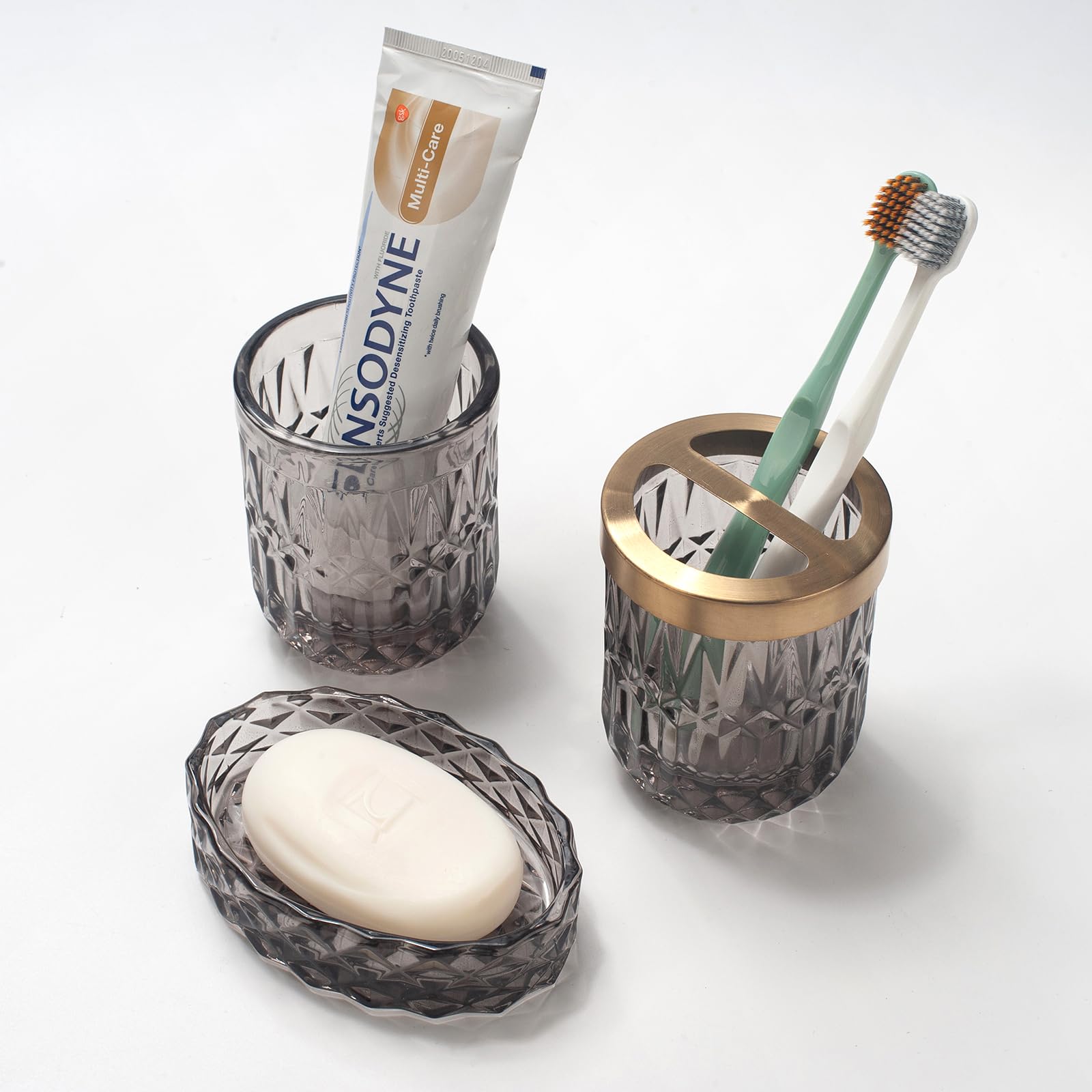 Ivailex 5Pcs Grey Glass Bathroom Accessories Sets Of Lotion Dispenser, Soap Dish, Toothbrush Holder, Tumbler, Cotton Swab Jars,