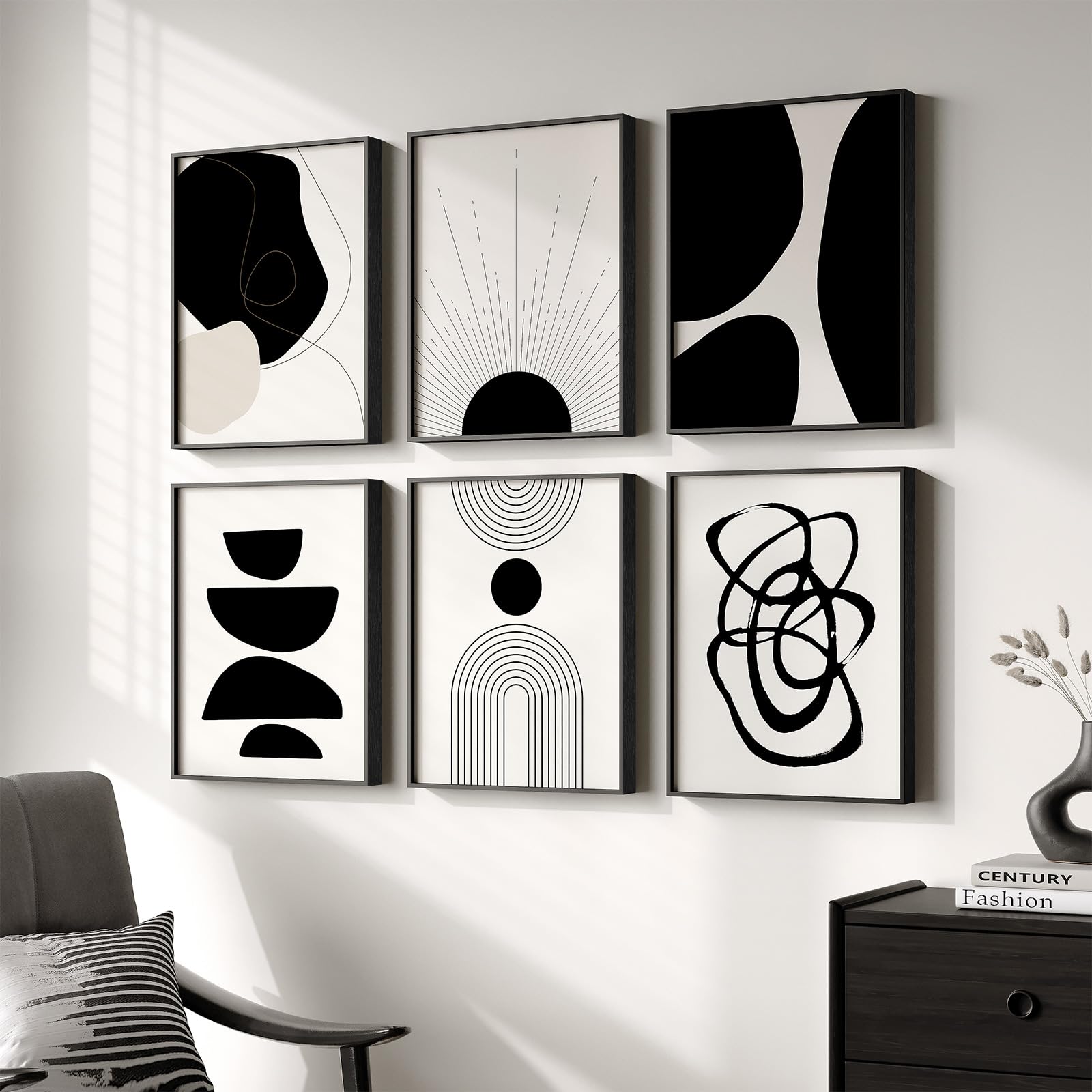 Framed Black And White Abstract Wall Art For Living Room, Set Of 6 Modern Canvas Prints Paintings Artwork For Walls, Boho Minima