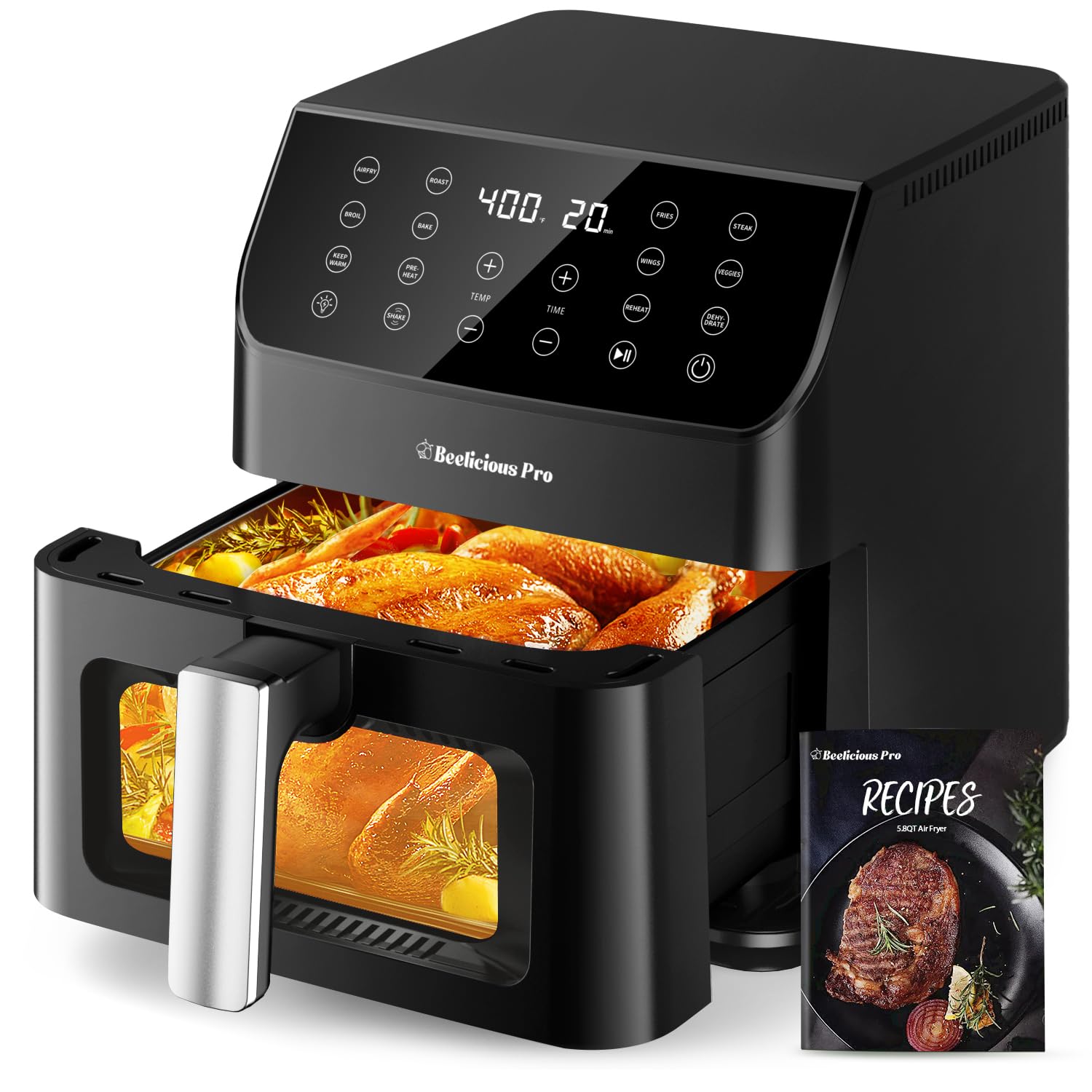 Beelicious 5.8QT Large Air Fryer, 12-in-1 Digital Airfryer with Clear Window, 40+ Recipes, Flavor-Lock Tech, Shake Reminder, Com