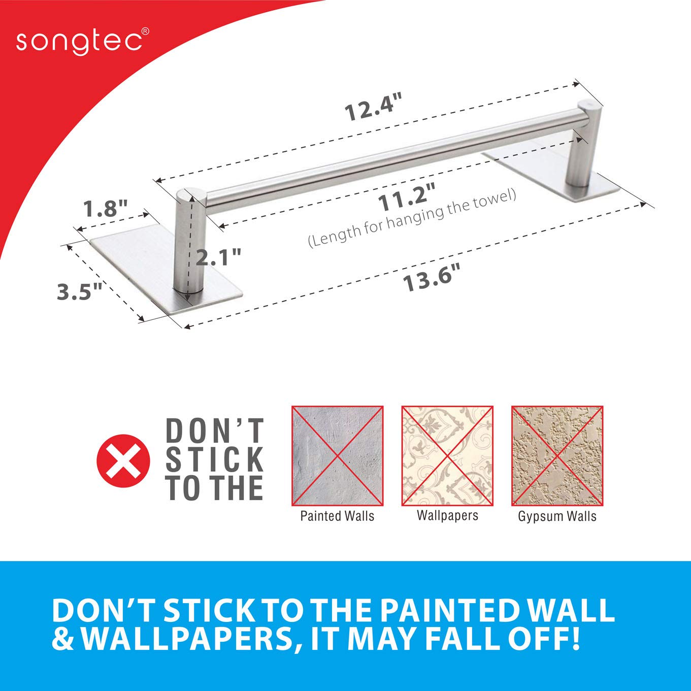 Songtec Adhesive Towel Bar 12inch Brushed  Stick On Bath Towel Rack Easy Install  NO Drilling on Walls  Premium SUS304 Stainless Steel - Brushed