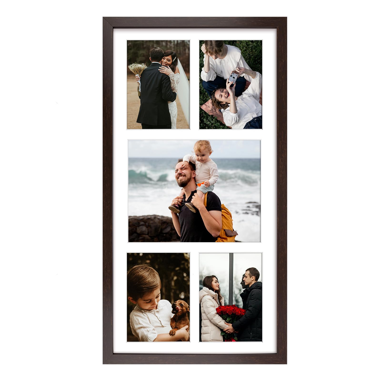 Golden State Art 12x24 Dark Brown Wood Picture Frame - White Mat for 8x10 and 5x7 Photos - Real Glass, Sawtooth Hanger, Swivel T
