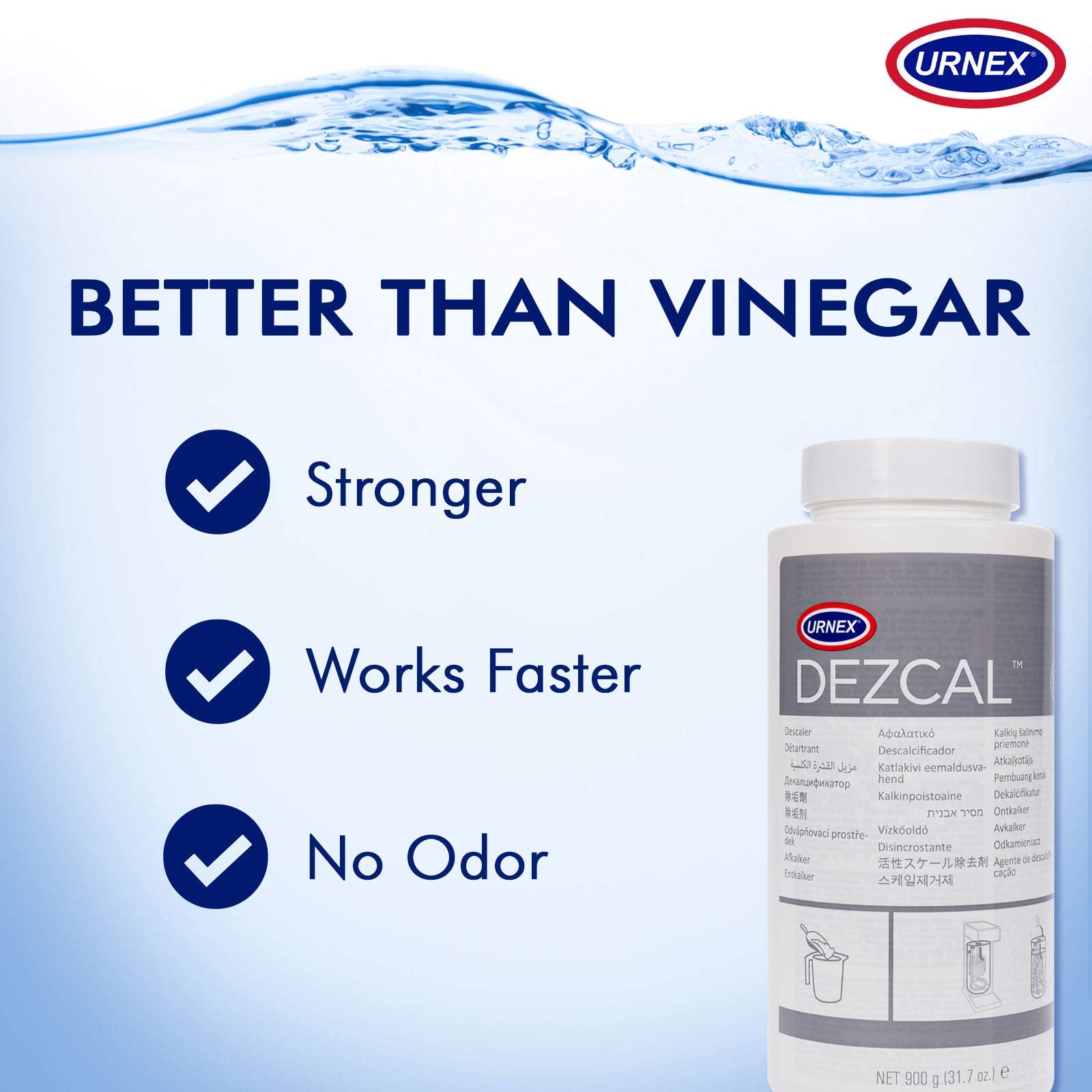 Urnex Dezcal Coffee & Espresso Machine Descaler - 900g Transparent Bottle - Effective Scale Remover for Boilers & Heating Elements