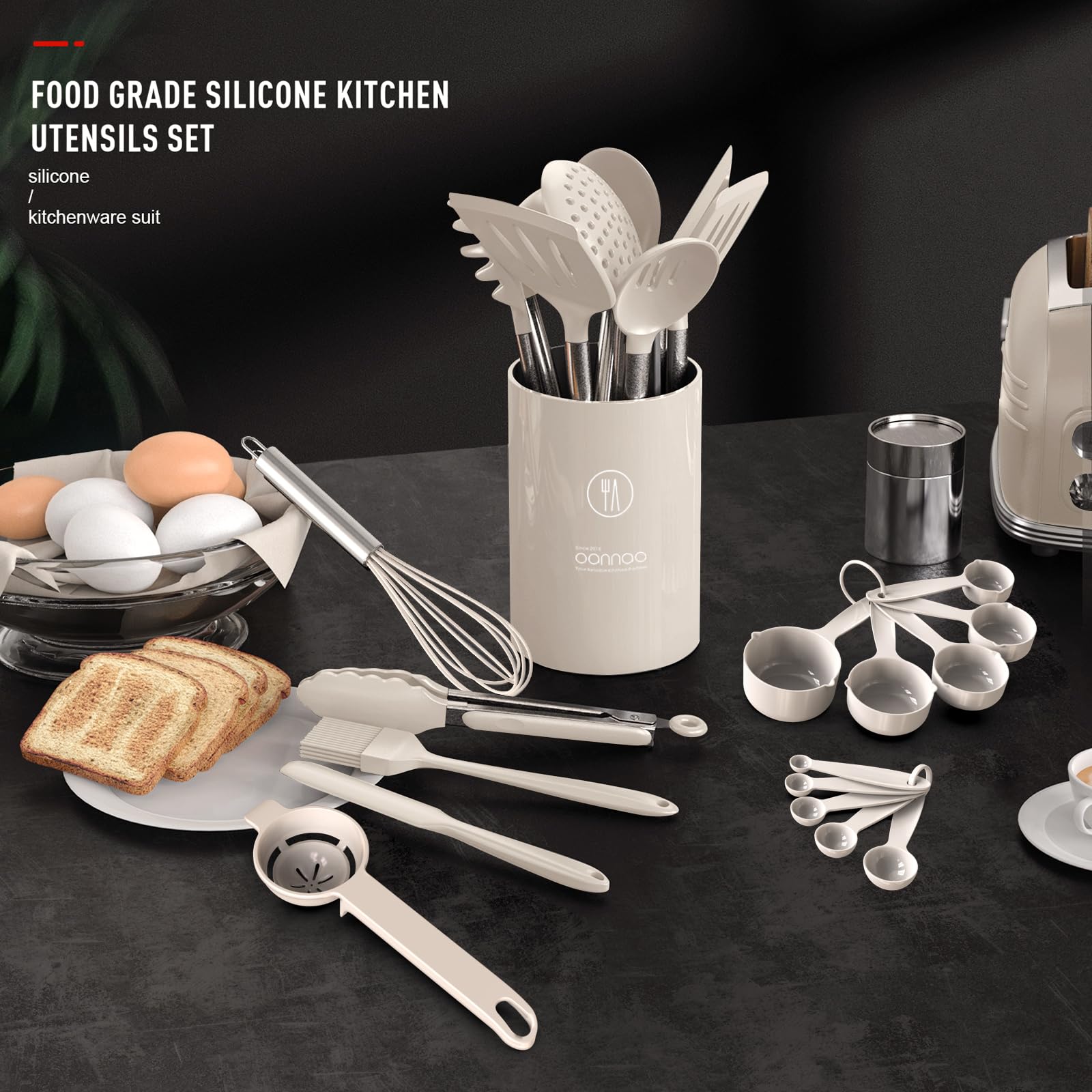 Large Silicone Cooking Utensils Set - Heat Resistant Kitchen Utensils,Turner Tongs,Spatula,Spoon,Brush,Whisk,Stainless Steel Sil