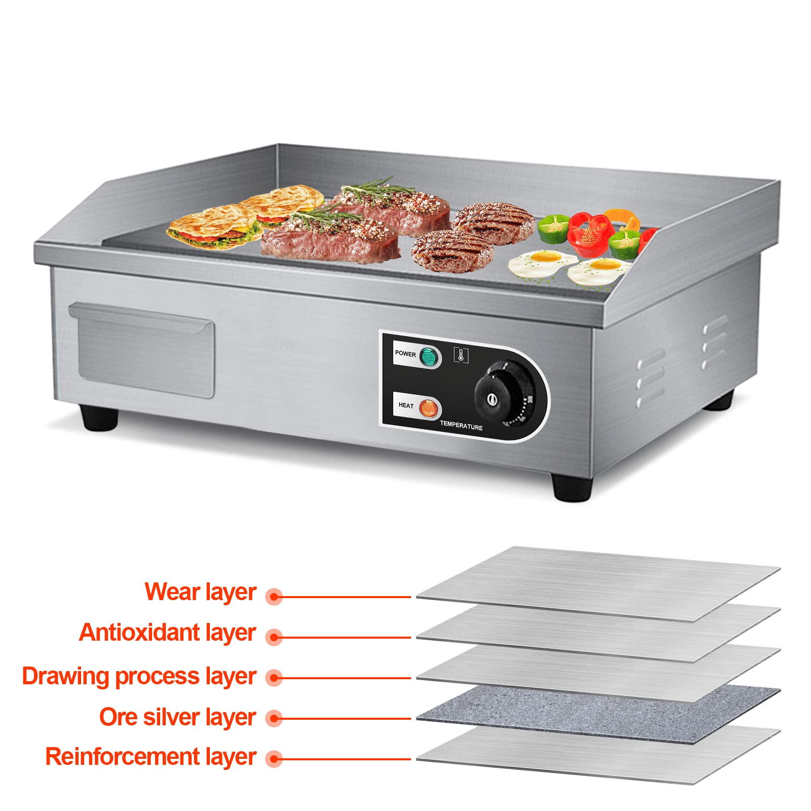 Promotor 22'' Electric Countertop Flat Top Griddle 1600W 110V Non-Stick Commercial Restaurant Teppanyaki Grill Stainless Steel A