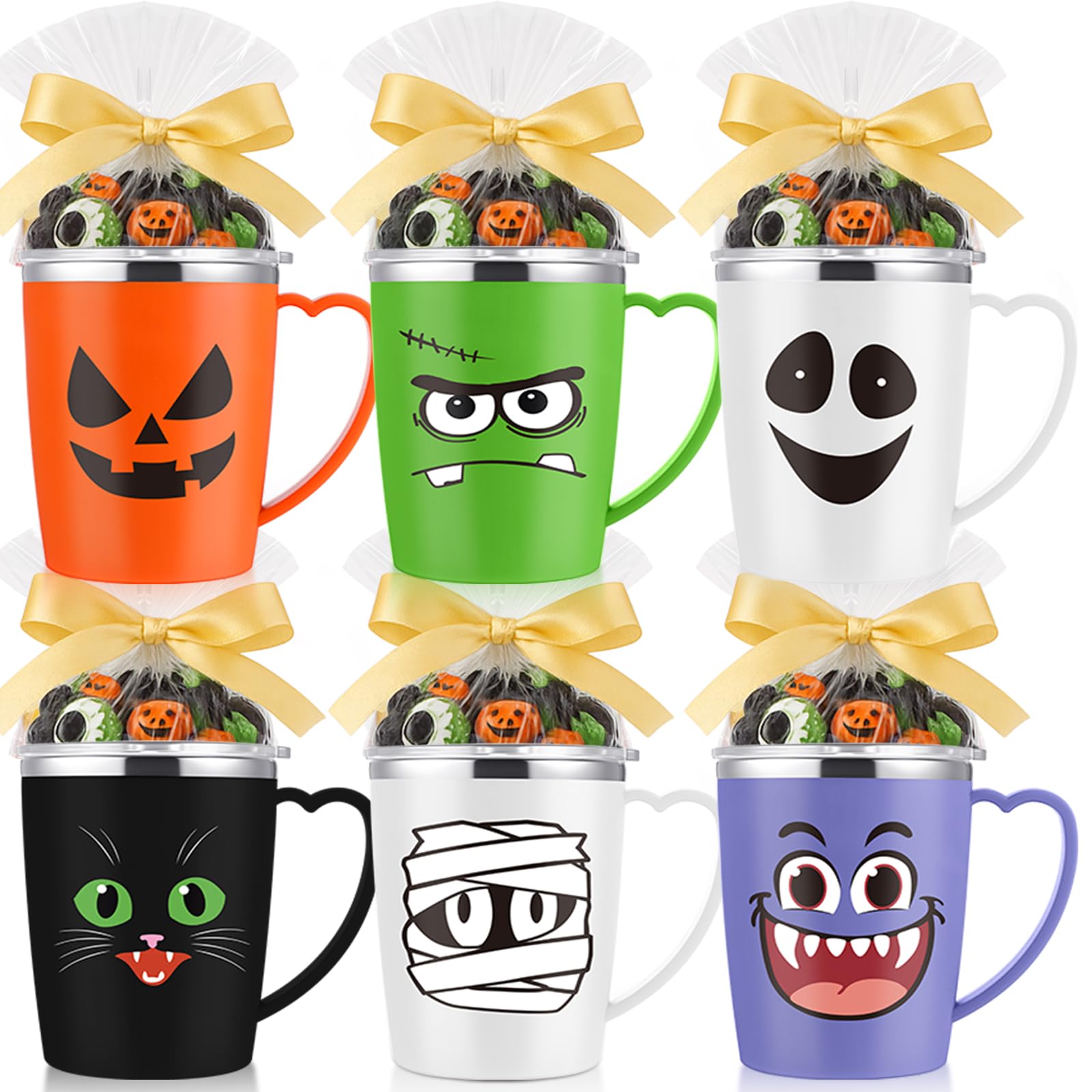 Patelai 6 Sets Halloween Coffee Mugs Cups 16 oz Halloween Stainless Steel Insulated Tumblers Bulk with Handle Lid Straw Brushes 