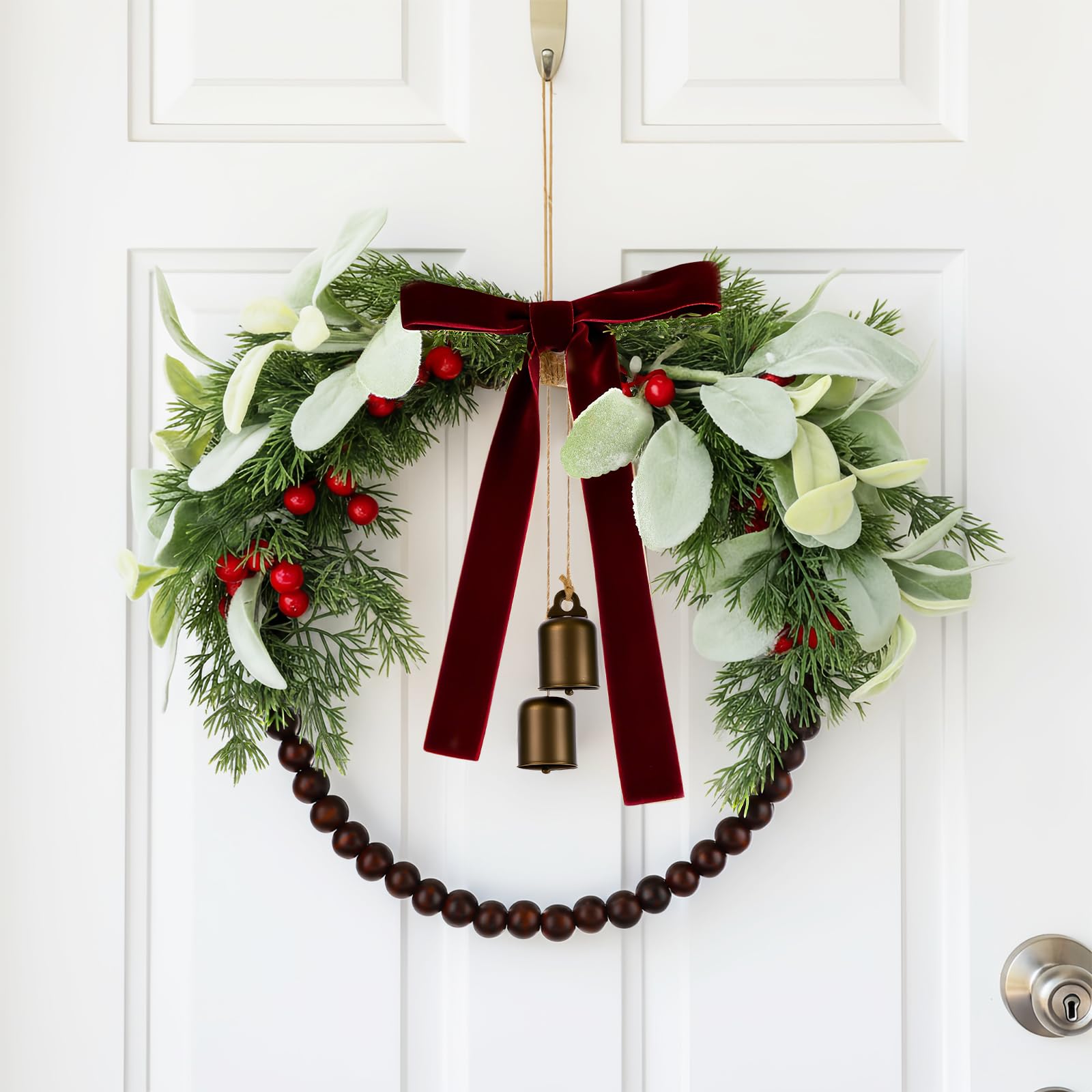 Suncalla 12 Inch Olive Norfolk Pine Christmas Wreath with Wooden Bead Bell Christmas Kitchen Cabinet Wreath for Front Door Farmh