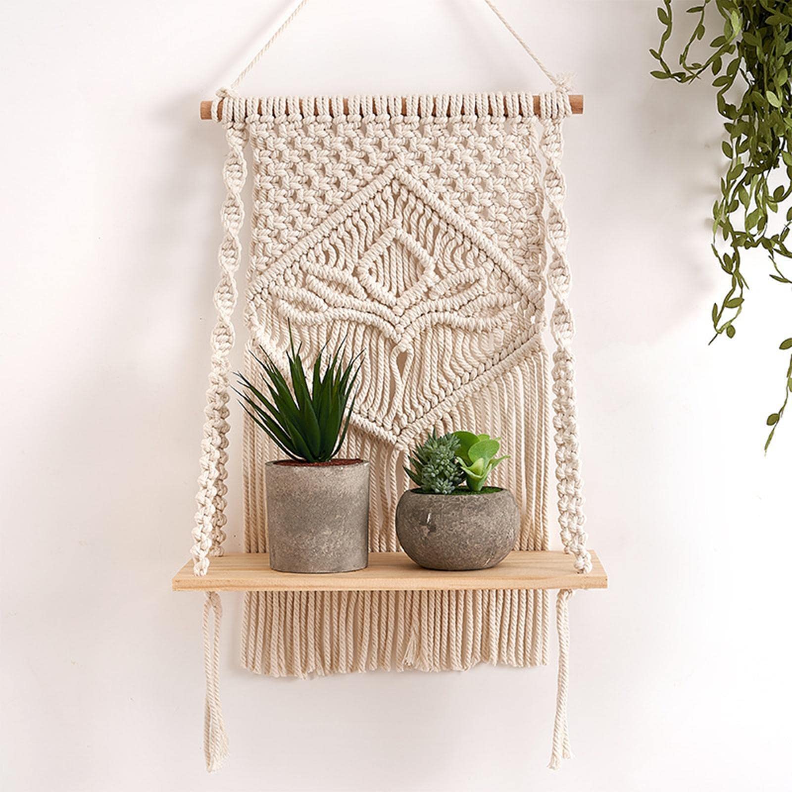 Decazone Macrame Indoor Wall Hanging Shelf Chic Decor Wood Floating Boho Shelves with Wooden Dowel Hand Woven Bohemian Decor for