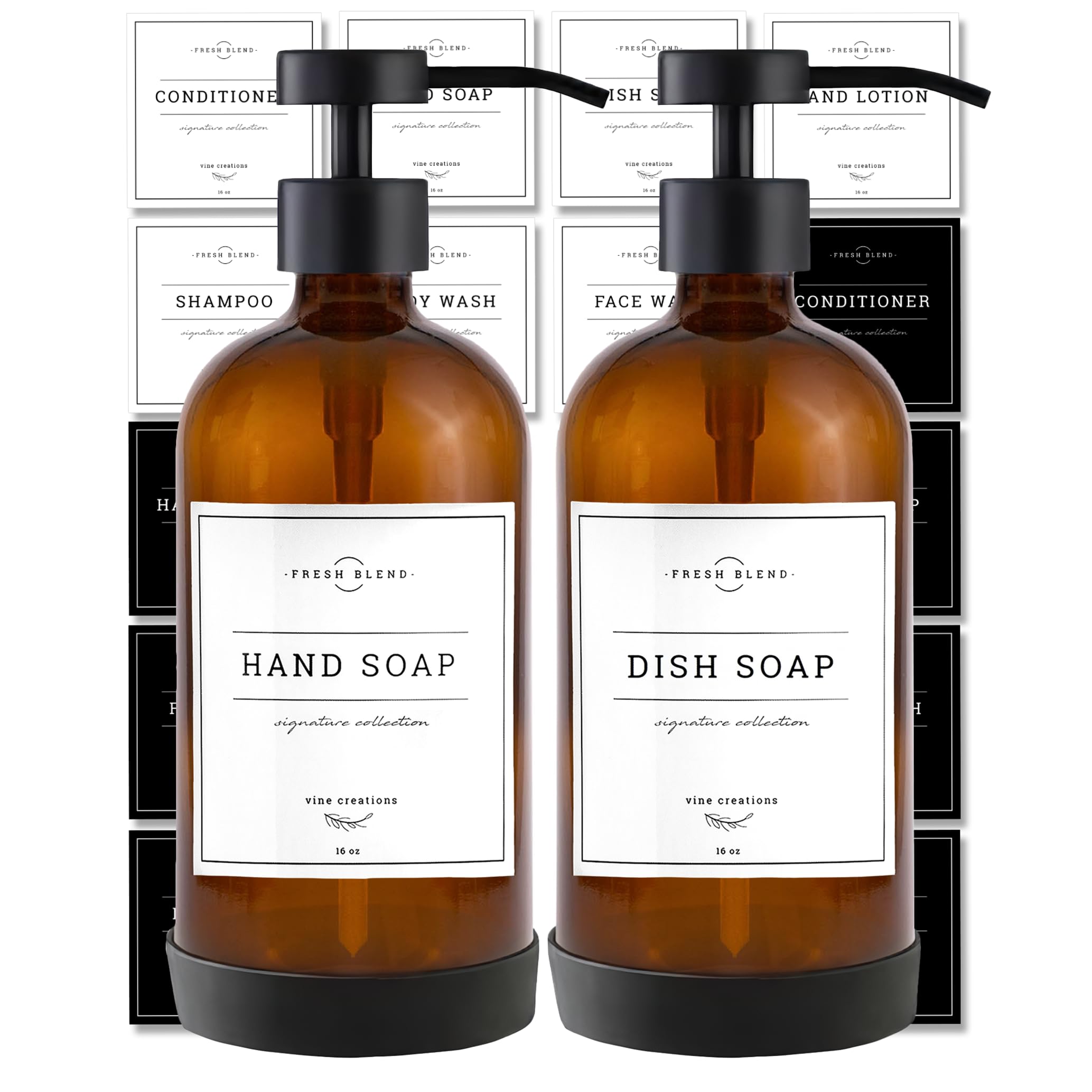 Vine Creations Amber Glass Soap Dispenser Set - Kitchen Soap Dispenser Set Stainless Steel Pump - Hand Soap Dispenser Bathroom -