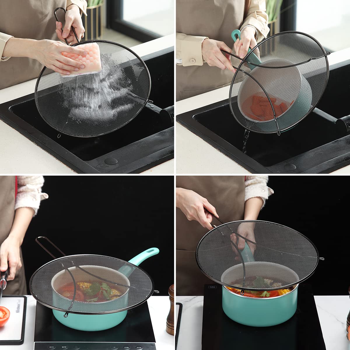 Evanda 12'' Black Splatter Screen For Cooking, Stainless Steel Fine Mesh For Frying Pan, Grease Guard For Pan To Stop Hot Oil Sp