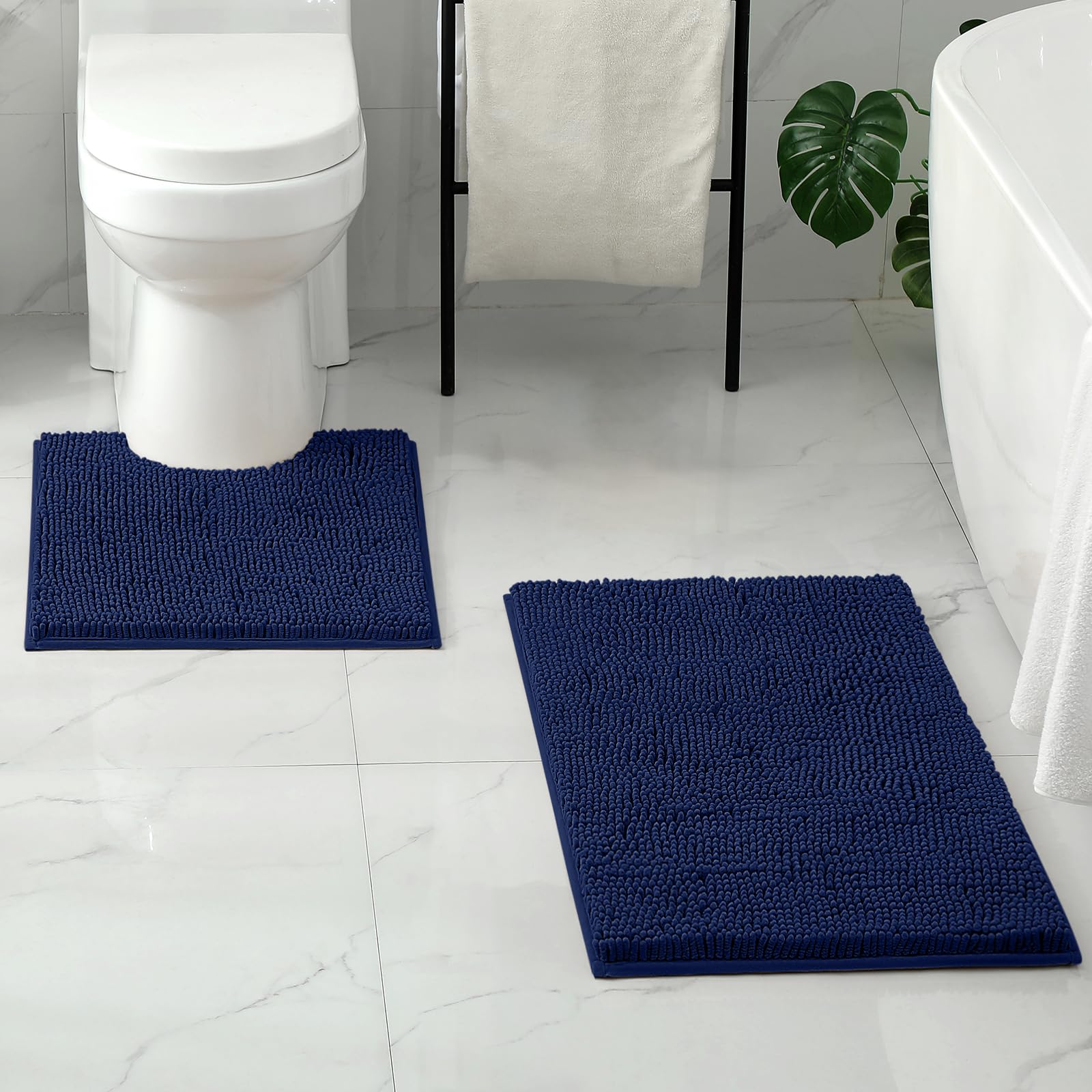Homeideas 2 Pieces Bathroom Rugs, Ultra Soft Non Slip Absorbent Chenille Toilet Bath Mat Set (Navy Blue)