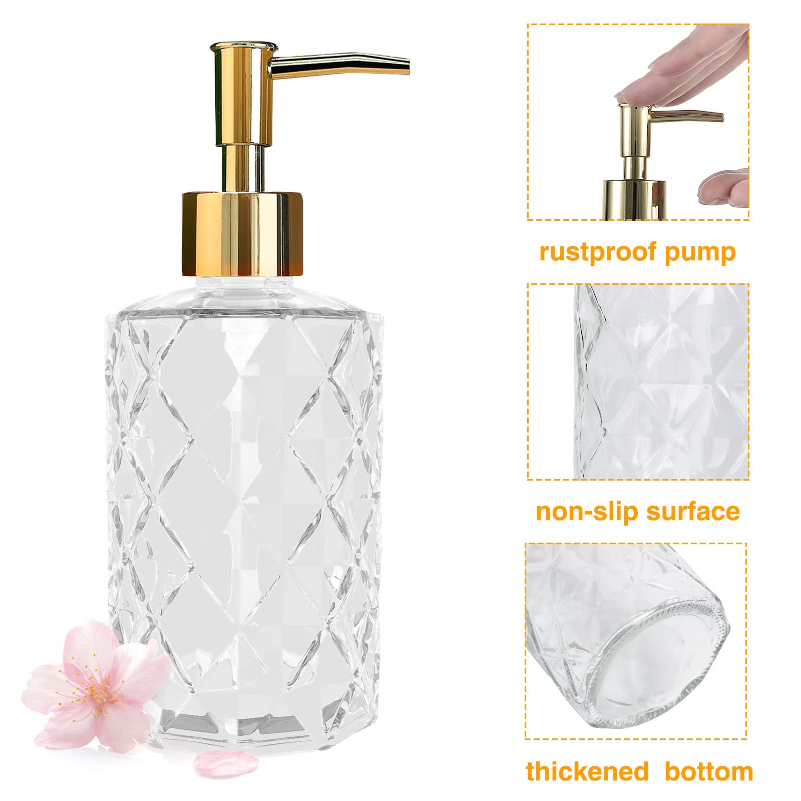 Clear Glass Soap Dispenser With Gold Plastic Pump, 2 Pack 12Oz Diamond Hand Soap Dispenser, Refillable Lotion Dispenser & Dish S