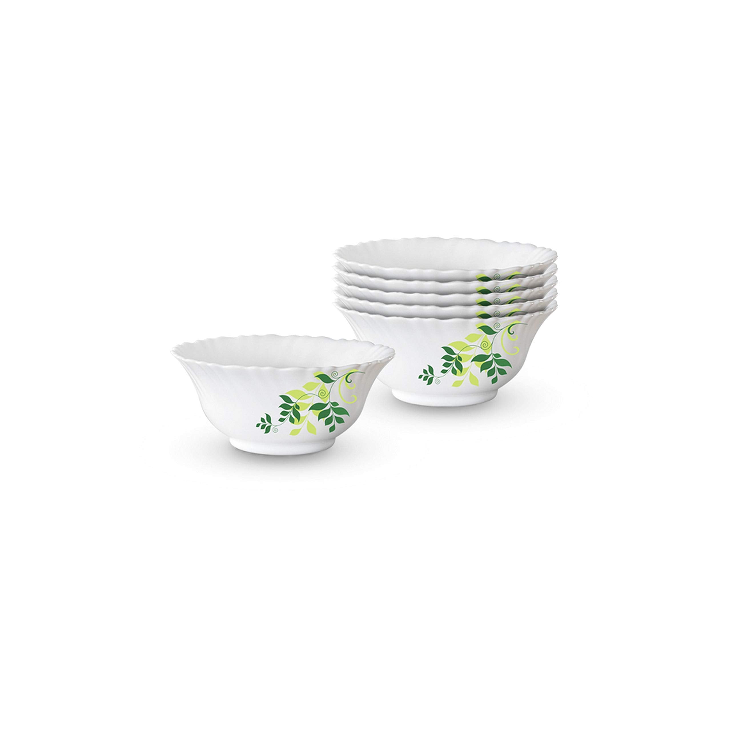 Larah By Borosil Opalware Veg Bowl - White, Fern, 4.5 Inch, Set Of 6, 300 Ml