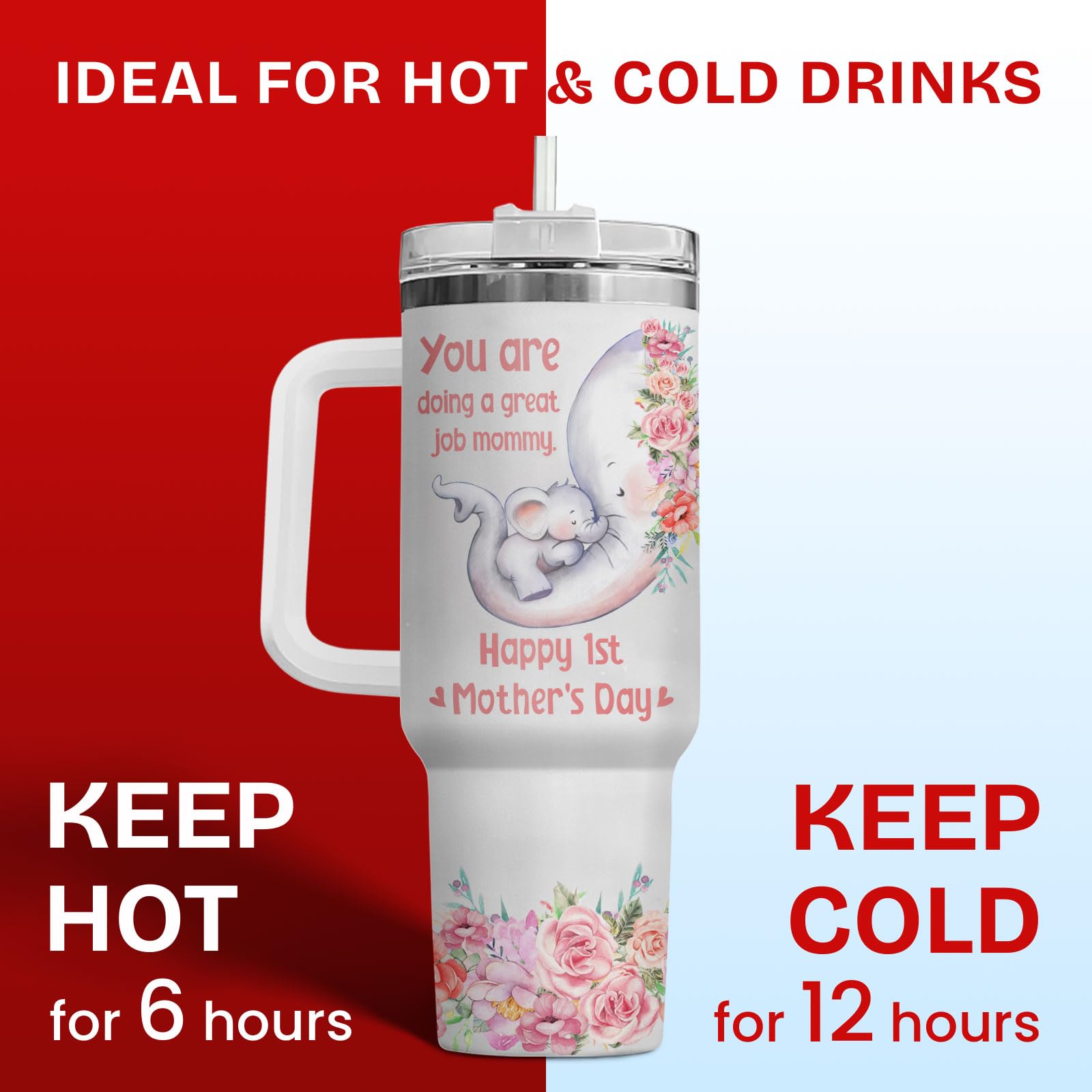 34HD First Mothers Day Gifts, Elephant Mom Tumbler 40oz Stainless Steel with Handle and Straw, Mama Coffee Travel Mug, Cute Baby