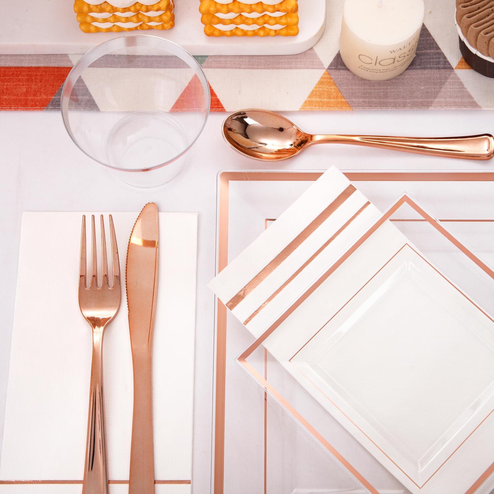 Festiva 350Pcs Rose Gold Plastic Plates - Clear Rose Gold Disposable Dinnerware Sets For 50Guests Include 100 Plates 50 Cups 50P