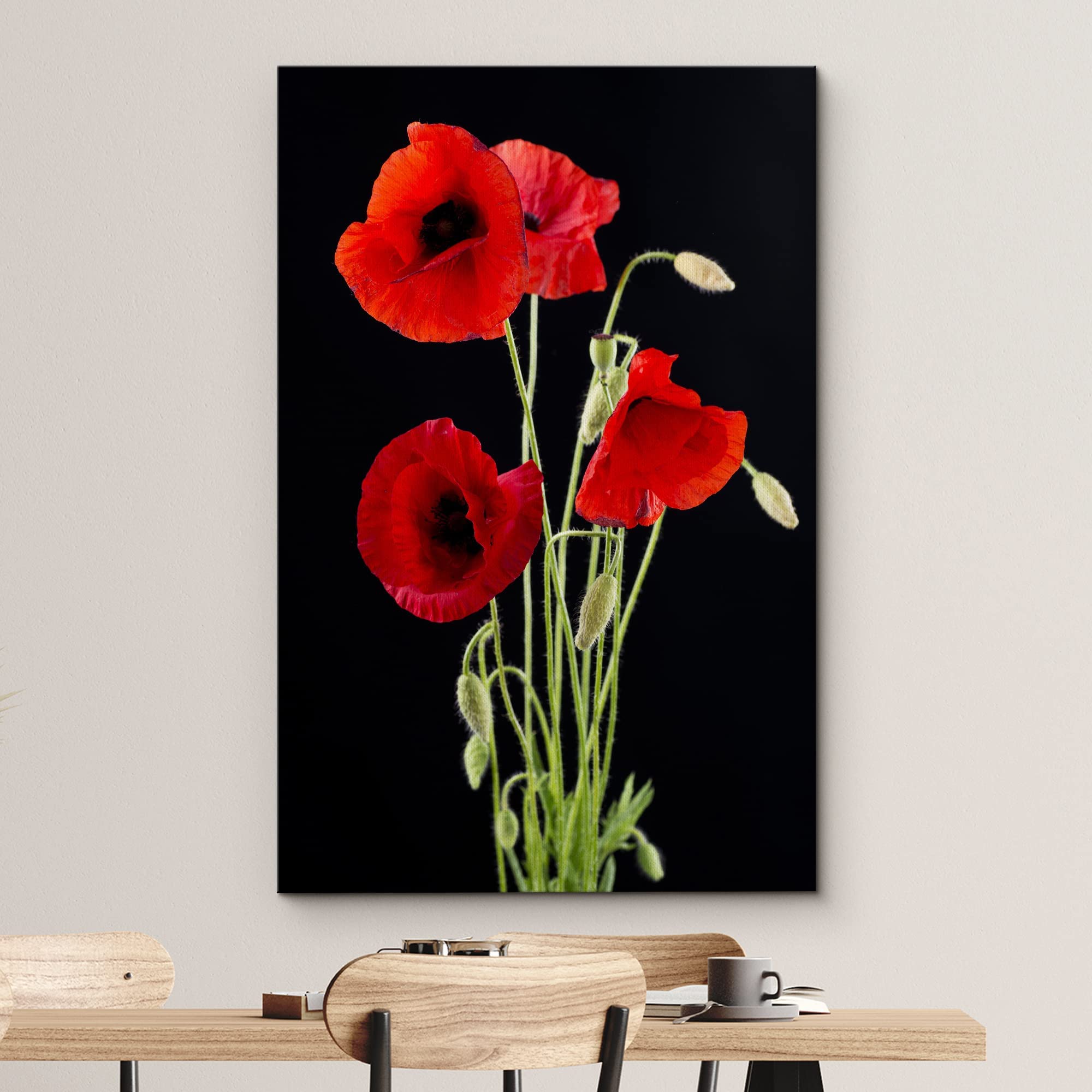 Canvas Prints Wall Art - Red Poppy Flowers Against Black Background Wall Decor/Home Art Stretched Gallery Wraps Giclee Print & W
