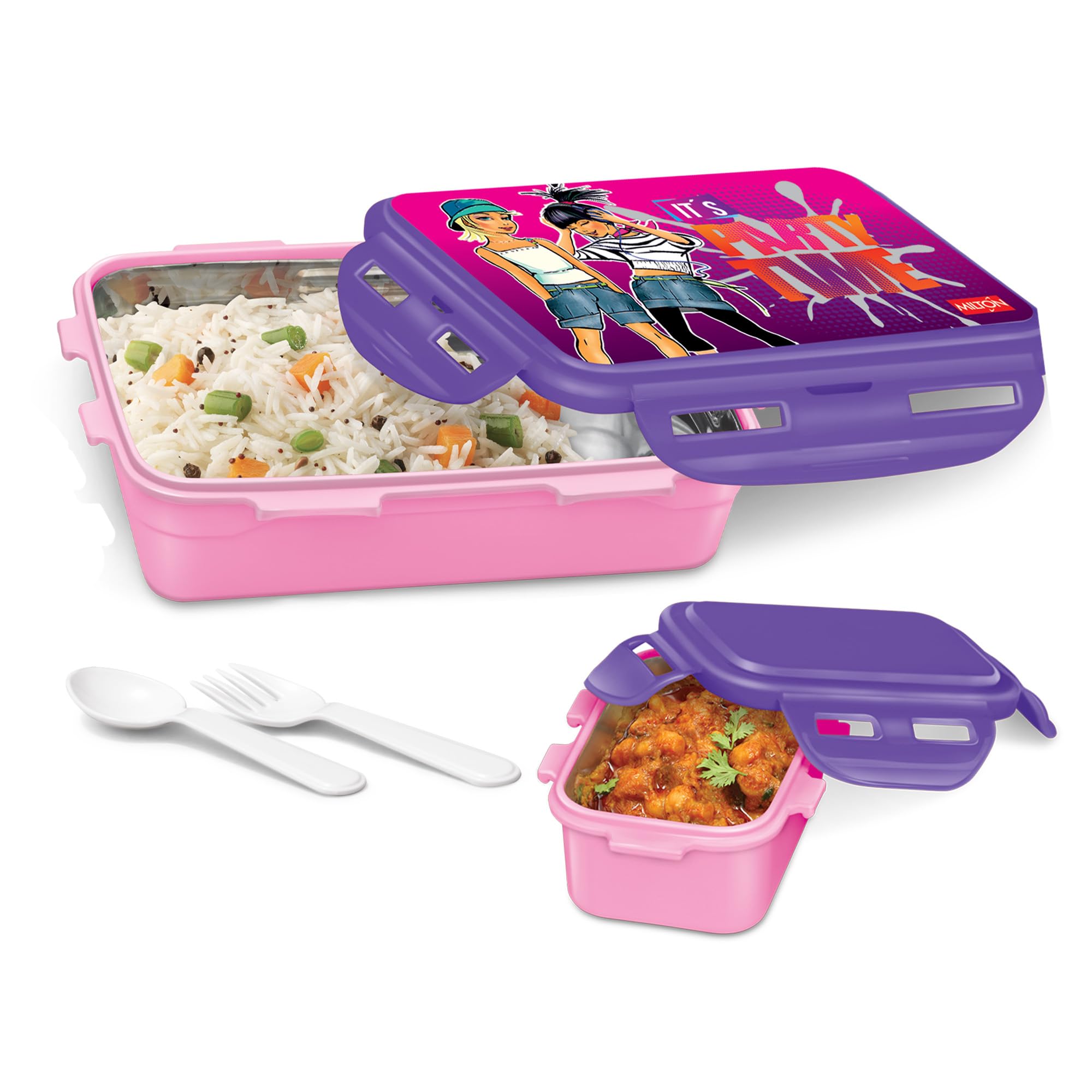 Milton Mini Fun Treat Lunch Box, Inner Stainless Steel School Kids Tiffin 650 Ml, Leak Proof And Airtight Containers With Plasti